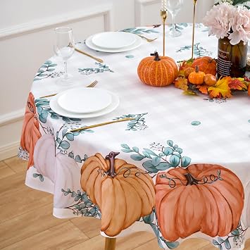 Fall Orange Pumpkin Thanksgiving Tablecloth 60 Inch Round Table Cloth - Autumn Harvest Pumpkin Buffalo Plaid Round Polyester Table Cover Reusable Water Resistant for Holiday Party Picnic