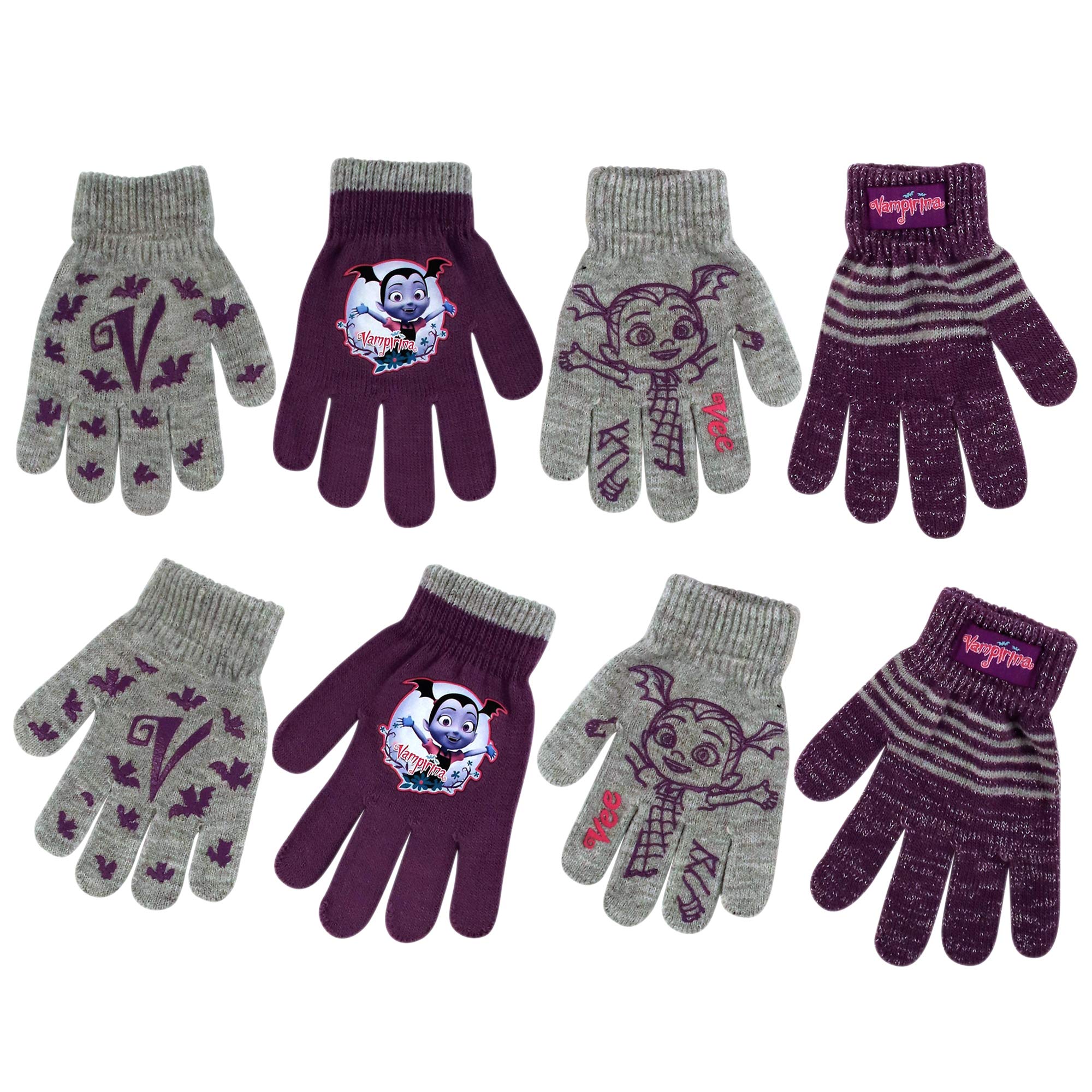Vampirina Girls 4-Pack Winter Gloves, Insulated and Waterproof Cold Weather Glove Set for Kids, Size 4-7 Years, Purple/Grey
