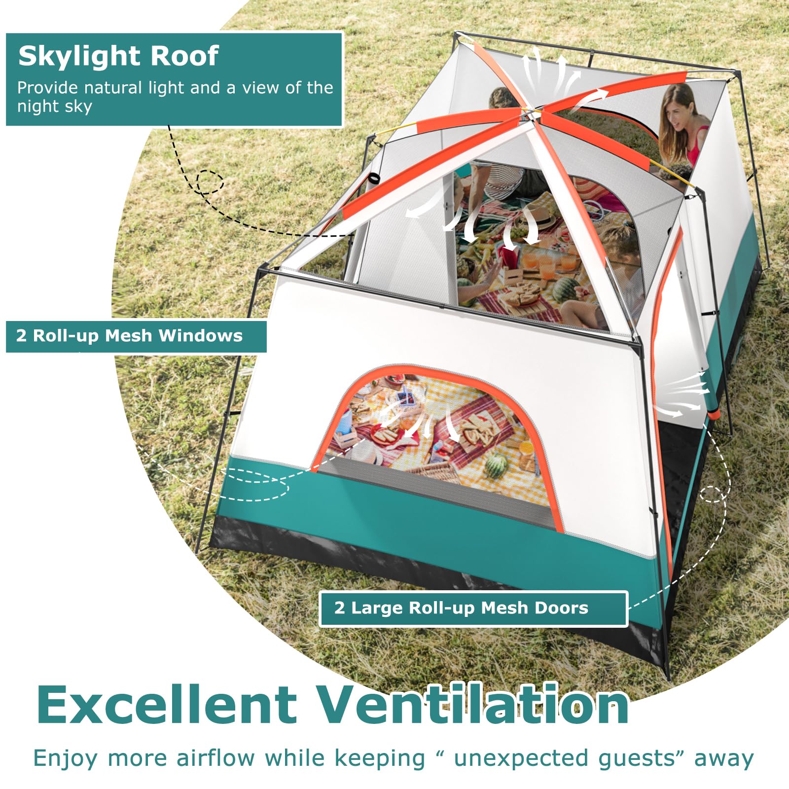 HOMASIS Tenda Campeggio con Portico e 2 Camere, Tenda Familiare da Esterno con 2 Finestre e 2 Porte, Gancio per Appendere la Lampada, Tasca Portaoggetti, Borsa da Trasporto, Grigio e Verde