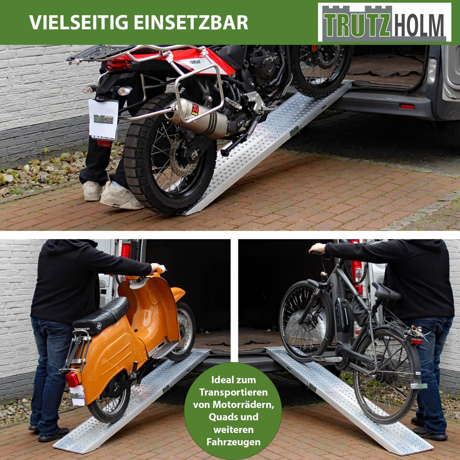 TRUTZHOLM 1x Auffahrrampe Aluminium Traglast 270 kg Länge 200 cm | gelochte rutschfeste Lauffläche Verladerampe Motorradrampe starr Laufflächenbreite 28 cm inkl. Spanngurt