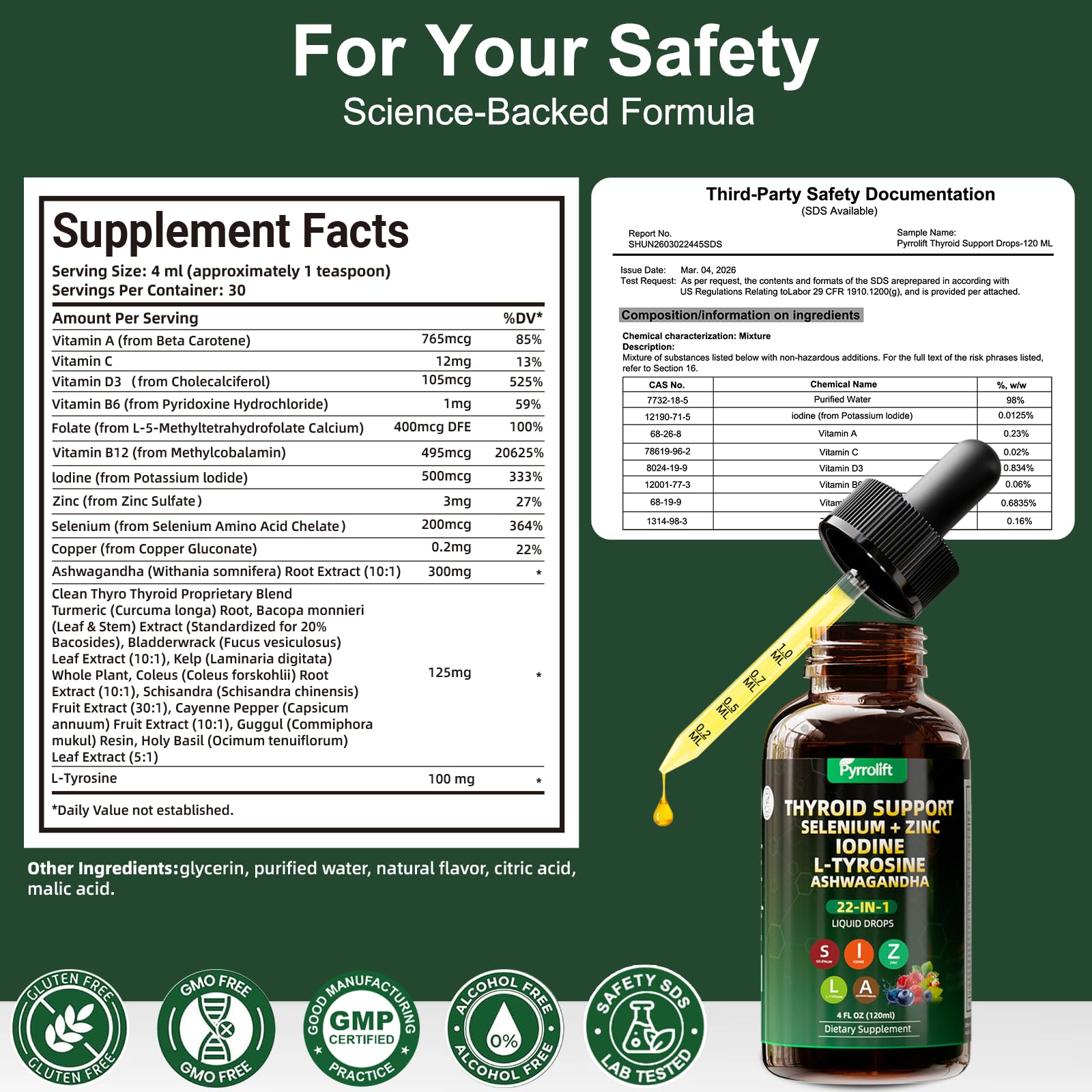 Thyroid Support Drops, Iodine Selenium Zinc L-Tyrosine & Ashwagandha, Liquid Thyroid Supplement with Vitamin B Complex, Herbal Formula, 120 mL — Amazon image 6
