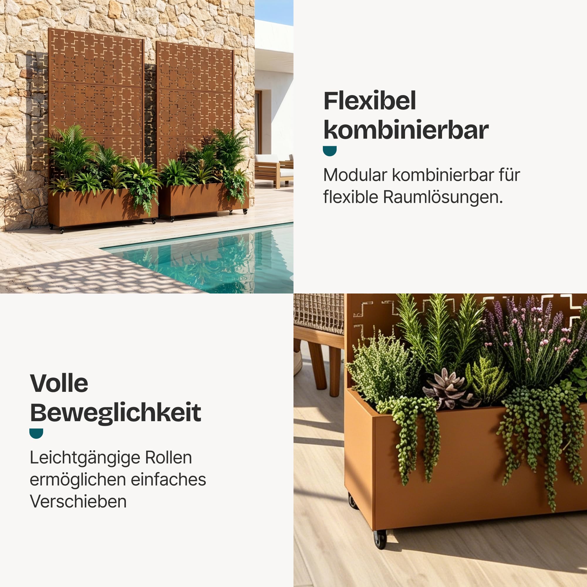 casa.pro Blumenkasten mit Sichtschutz Aaskis Pflanzkübel mit Rankgitter Metall Pflanzkasten Balkon 190 hoch Outdoor Trennwand mit Rollen Garten 190 x 82 x 38 cm Braun