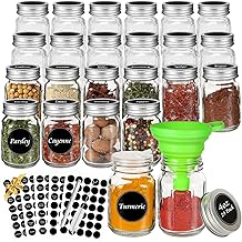 Spice Jars with Label 4oz 24Pcs, AuroTrends 4oz Glass Jars with Lids 24Pack Complete Set-Round Glass Spice Jars with Shaker Lids | Pre-printed Labels & Blank Labels | Chalk Marker | Straw Brush | Funnel