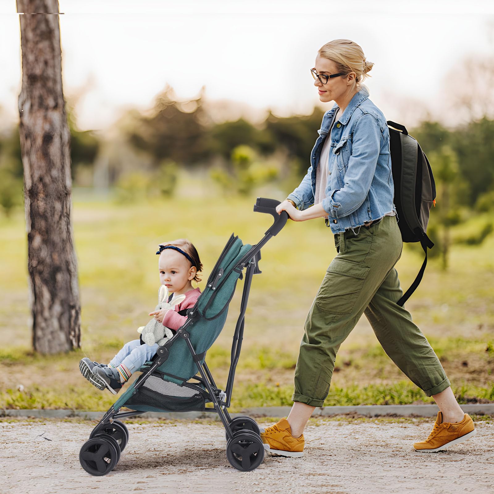 Faltbar Regenschirm Kinder-Buggy Kinderwagen, Leicht Regulierbarer 5-Punkt-Sicherheitsgurt, Zusammenklappen mit einer Hand, großes Verdeck, Robuster alle 4 Räder gedämpft, Einkaufskorb (Dunkelgrün)