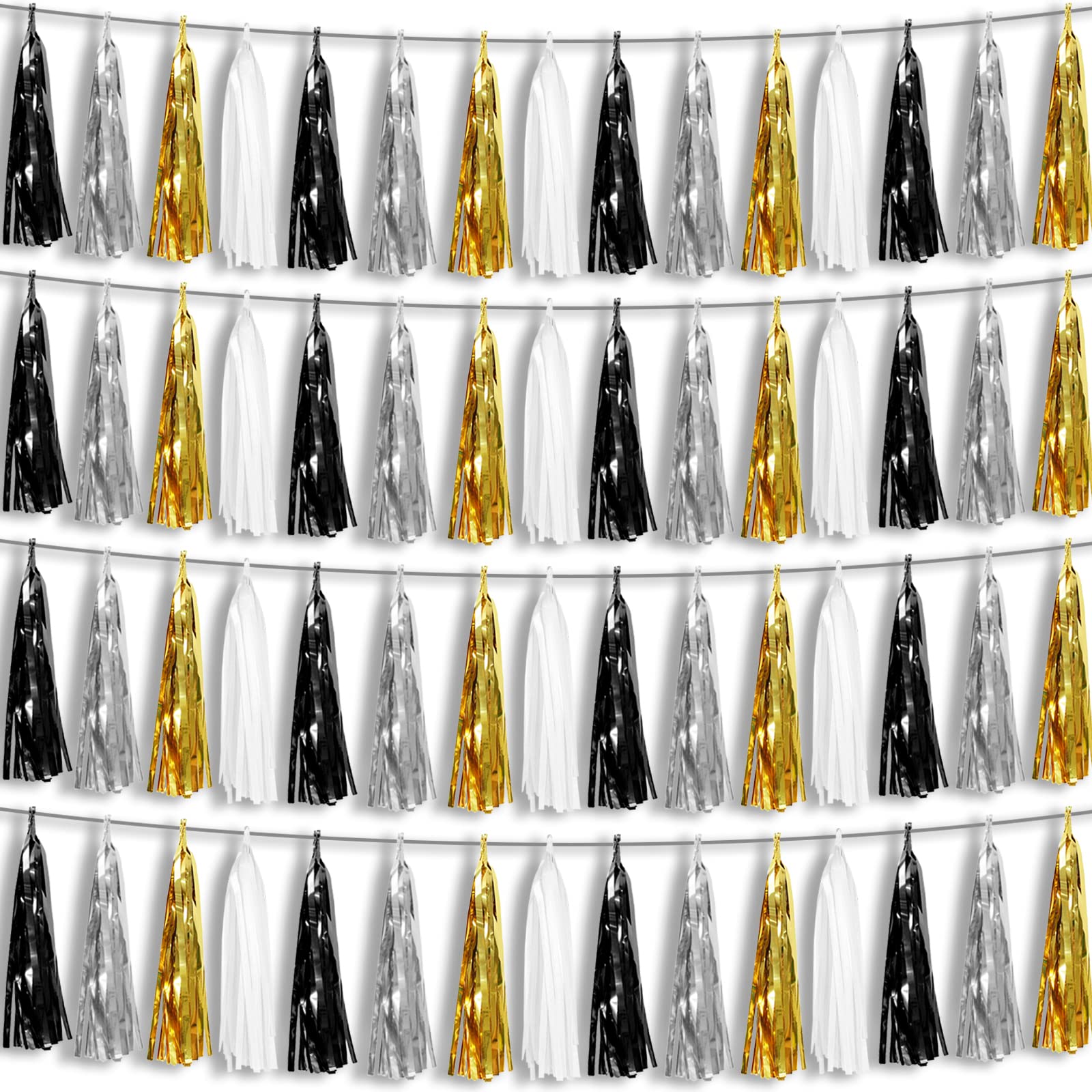 4P Black Gold Silver Foil Fringe Metallic Tassel Garland, Tassels Banner Streamers for Parade Floats, Bachelorette, Wedding, Birthday, Halloween, Christmas, Bridal/Baby Shower Party Decorations