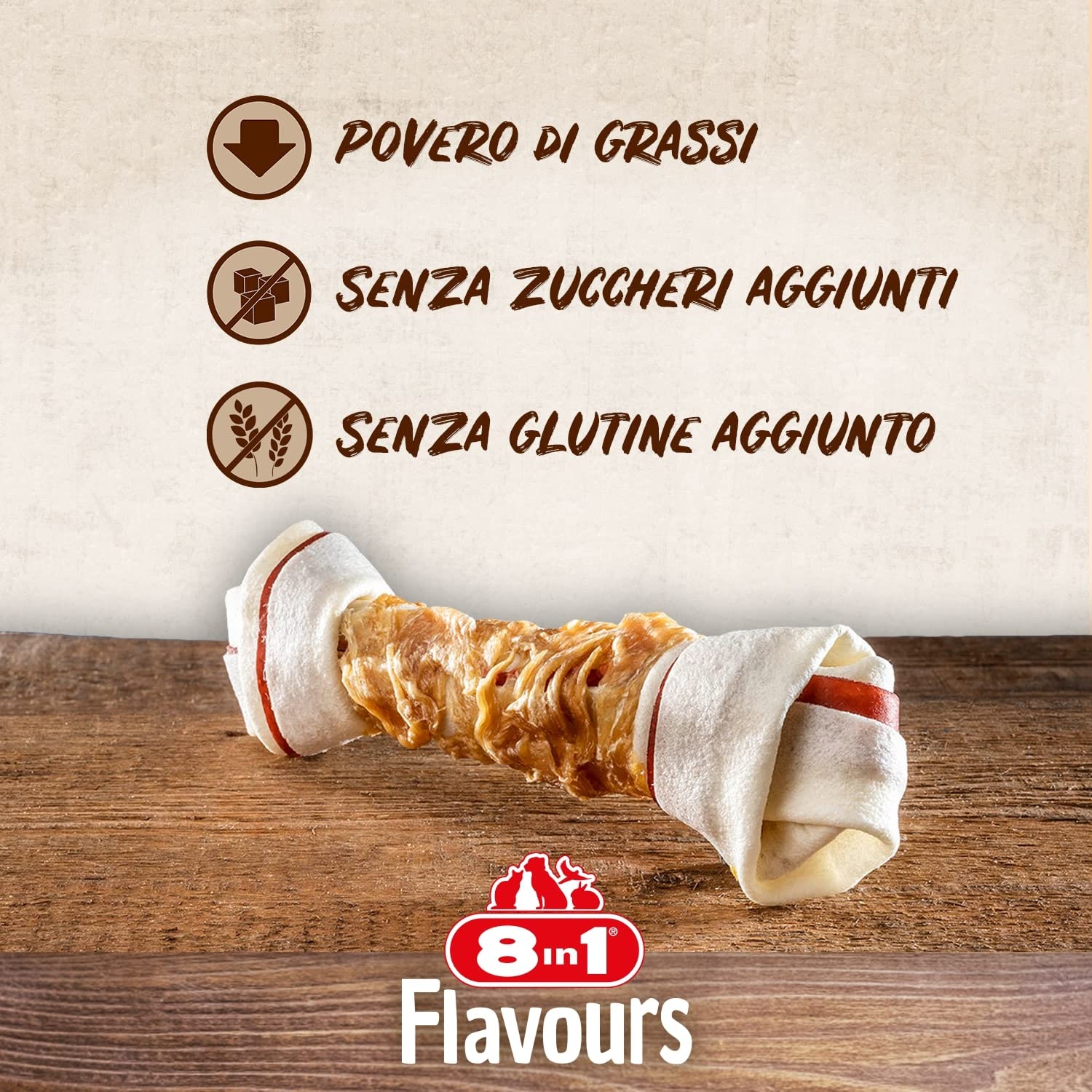 Delizioso 8in1 Triple Flavour Bone L osso per cani con filetto di pollo, maiale e pelle di manzo 1 pezzo