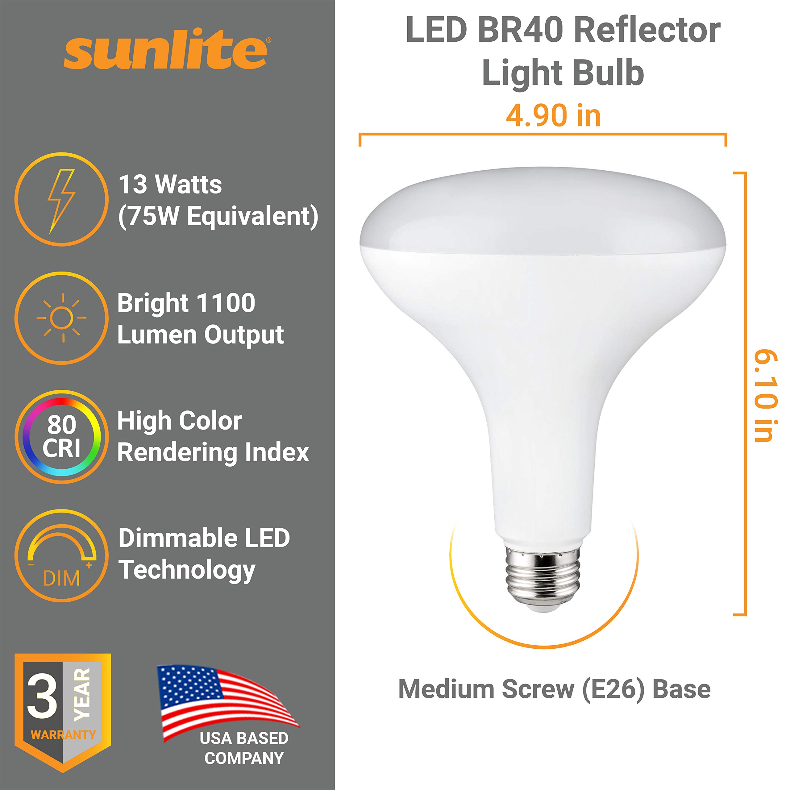 Sunlite 81332 LED BR40 Recessed Light Bulb 13 Watt 75W Equivalent 1100 Lumens Medium Base E26 Dimmable Flood — view 2