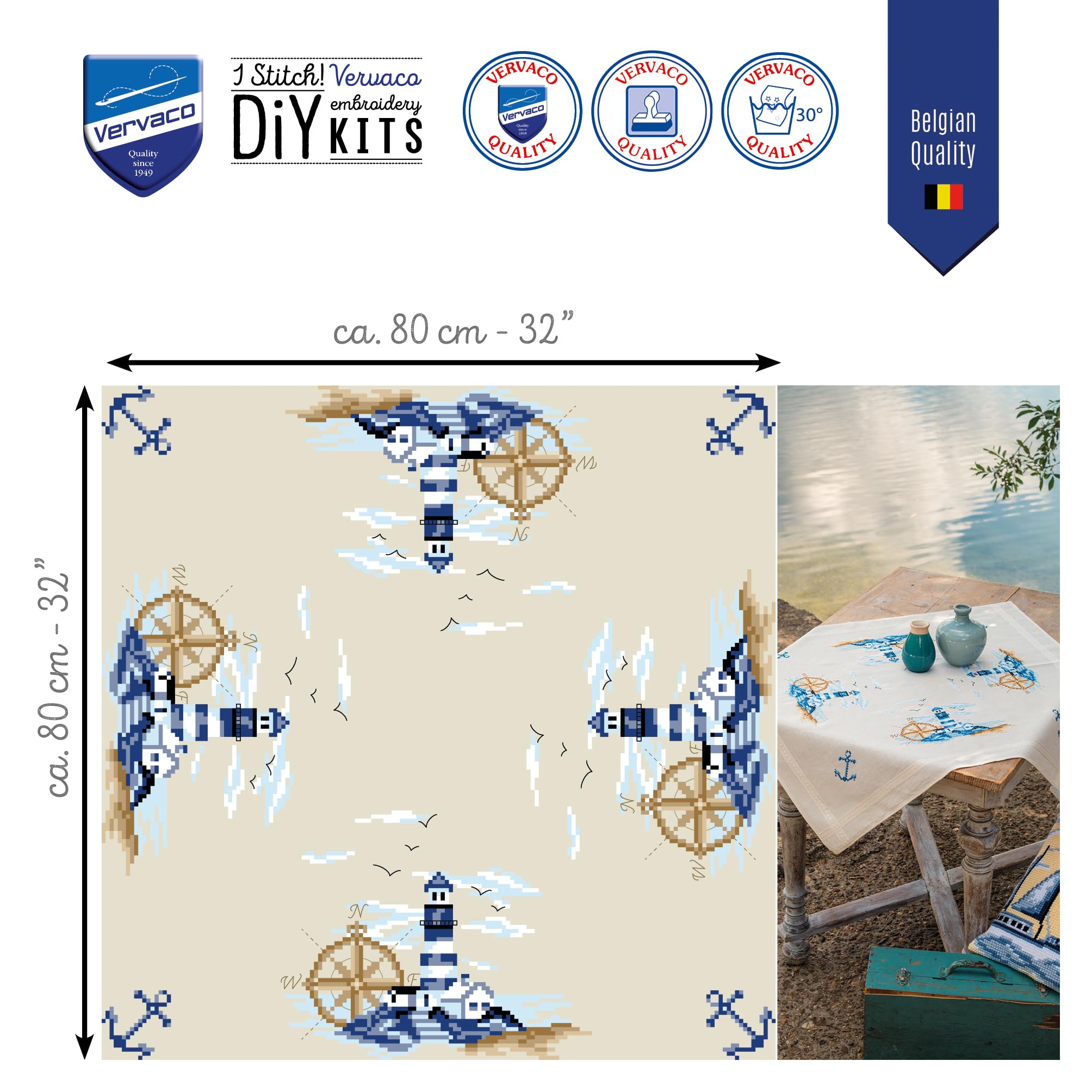 Vervaco Kreuzstich Stickpackungen Tischdecke MARINE Stickdecken Vorgezeichnet Basteln Erwachsene Kreativ Set Vorgedruckte Decke Sticken ca. 80 x 80 cm Stickset DIY Sticken Set