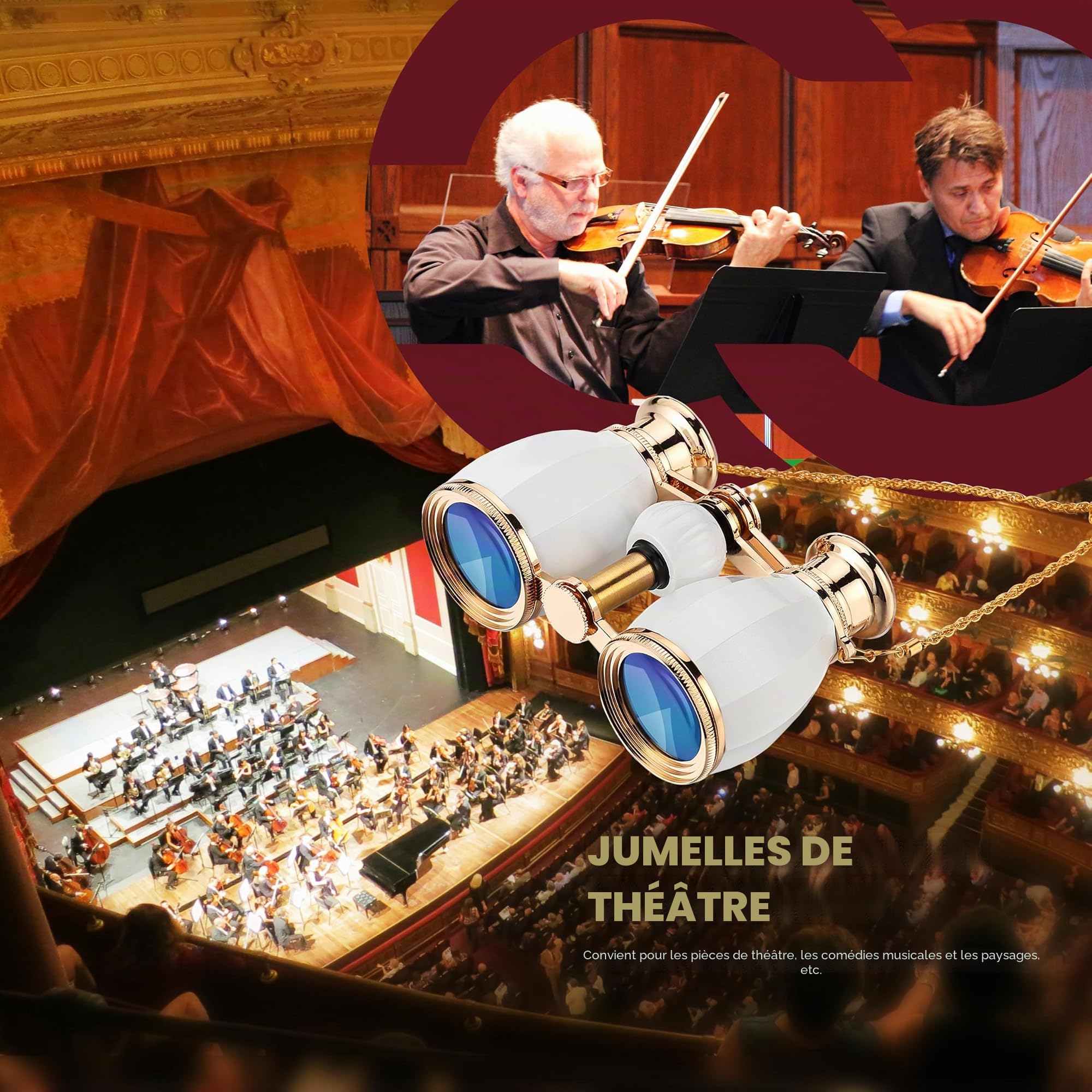 ESSLNB Jumelles de théâtre 4 x 30 avec chaîne et étui en verre optique pour femme - Pour théâtre, concert, cadeau pour femme (blanc)