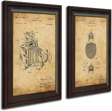 2 pc Photographer Patent Prints - Camera and Flash Bulb - 14 in x 17 in Framed Behind Glass