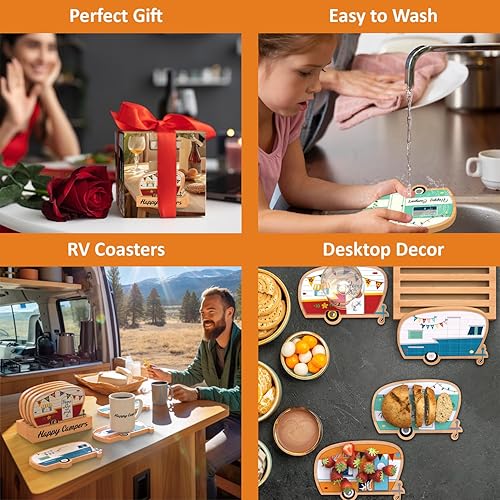 Miniatura 2 de Juego de 4 posavasos de bambú Happy Camper con soporte, regalos de campamento para amantes de los campistas, mujeres y hombres, adecuados para tipos