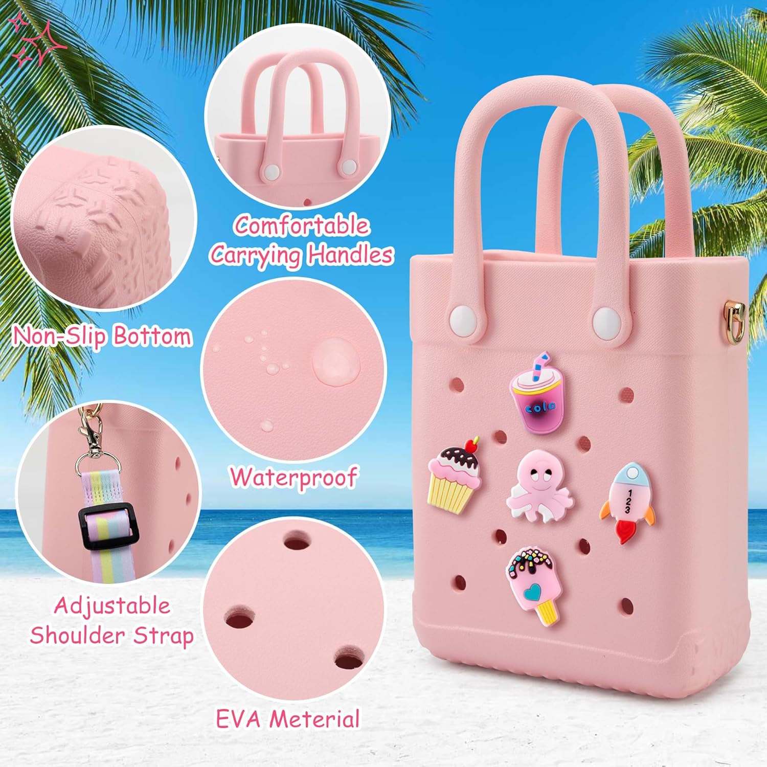 Mini Rubber Tote Bag, EVA Beach Tote with 30 Charms, Cute Bag for Little Girl & Women with Adjustable Shoulder Strap - Image 4
