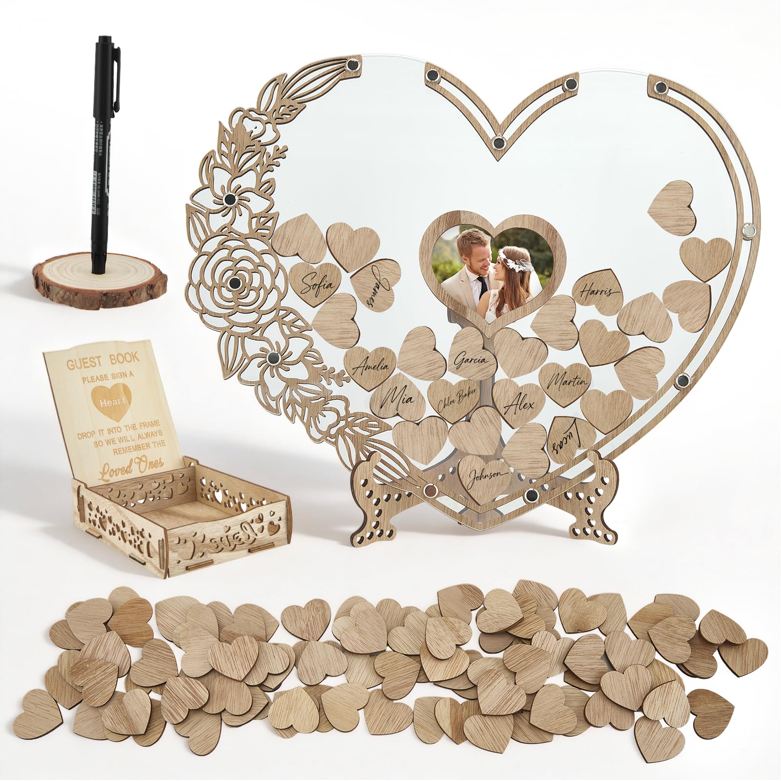 Delousiber Wedding Guest Book Alternative, Wooden Heart Wedding Guestbook for Guests to Sign, 100 Wood Hearts, Drop Box, Wooden Wedding Guest Book Decor with Stand for Reception Anniversary Party