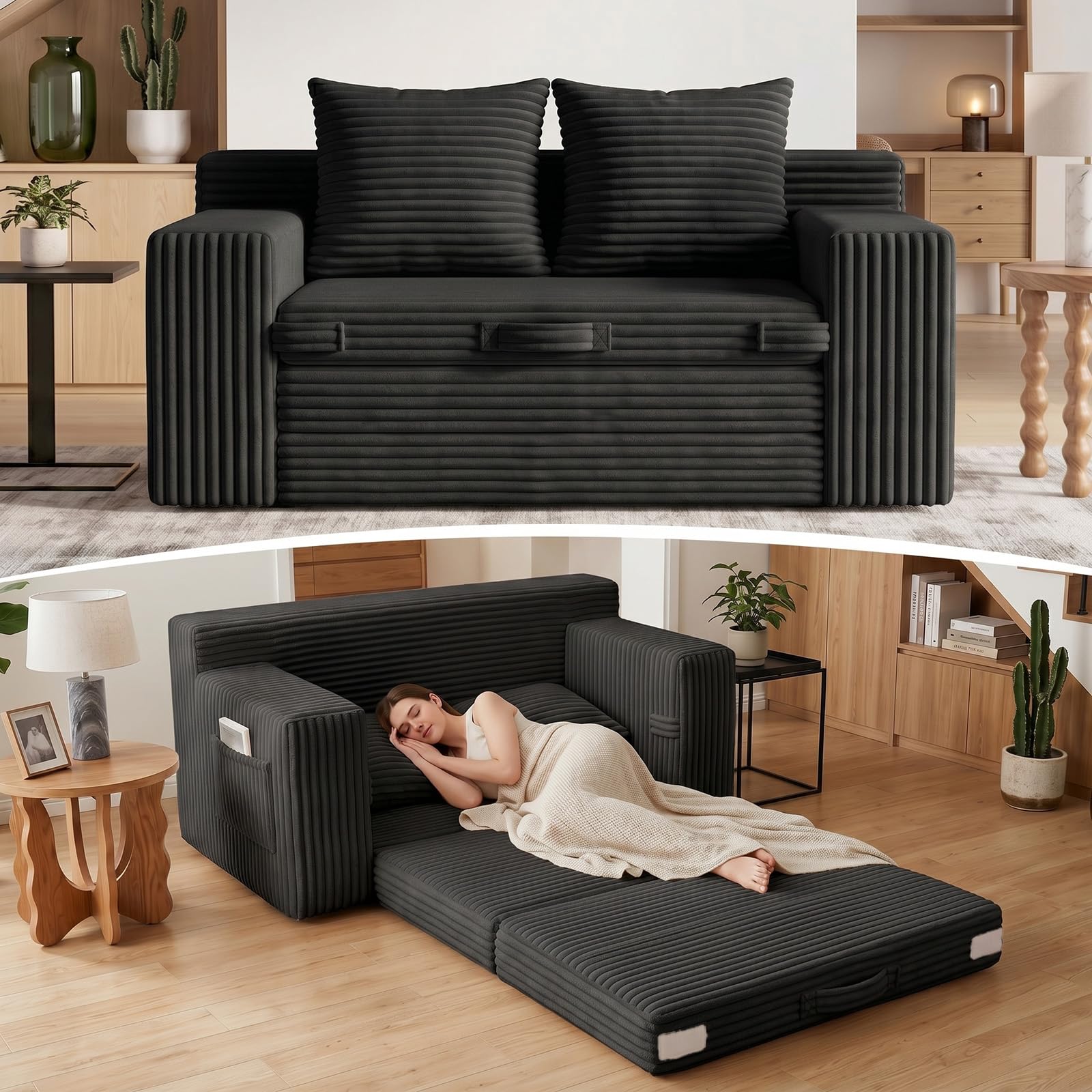 Boneless Loveseat Sofa Bed, Tri-Folding Convertible Futon Sleeper with Handle & Side Pockets, 54'' Boneless Couch with Hook and Loop No Assembly for Small Space,Living Room & Bedroom