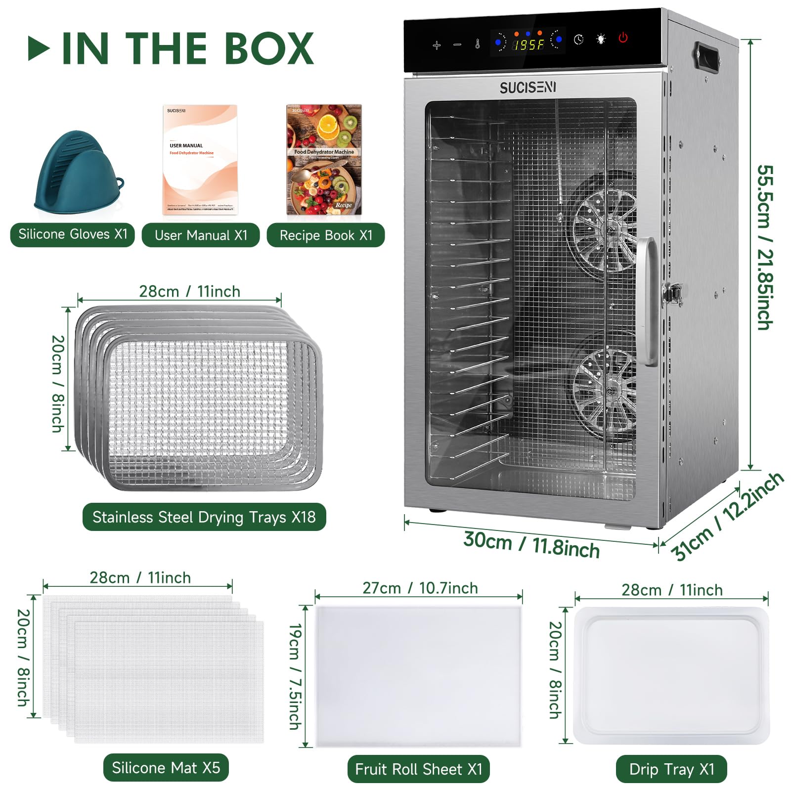 Máquina deshidratadora de alimentos, 18 bandejas de acero inoxidable de 1000 W, deshidratadora de alimentos comercial con temporizador digital de 24 horas, control de temperatura, secador de alimentos