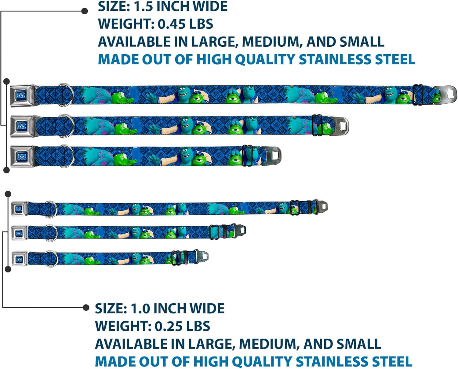 Buckle-Down Seatbelt Buckle Dog Collar - Monsters University Sulley & Mike Poses/Checkers Blue - 1" Wide - Fits 15-26" Neck - Large