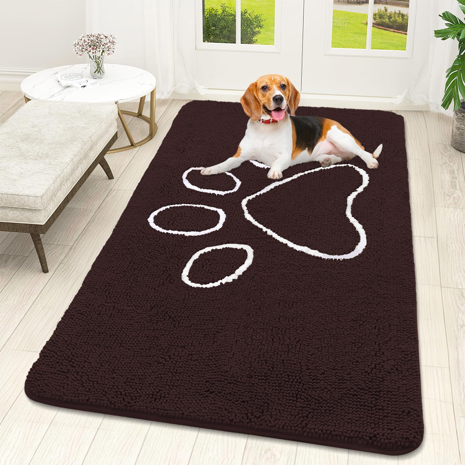 OLANLY Dog Door Mat for Muddy Paws 59x32, Paw Print Design Chenille Mud Mat