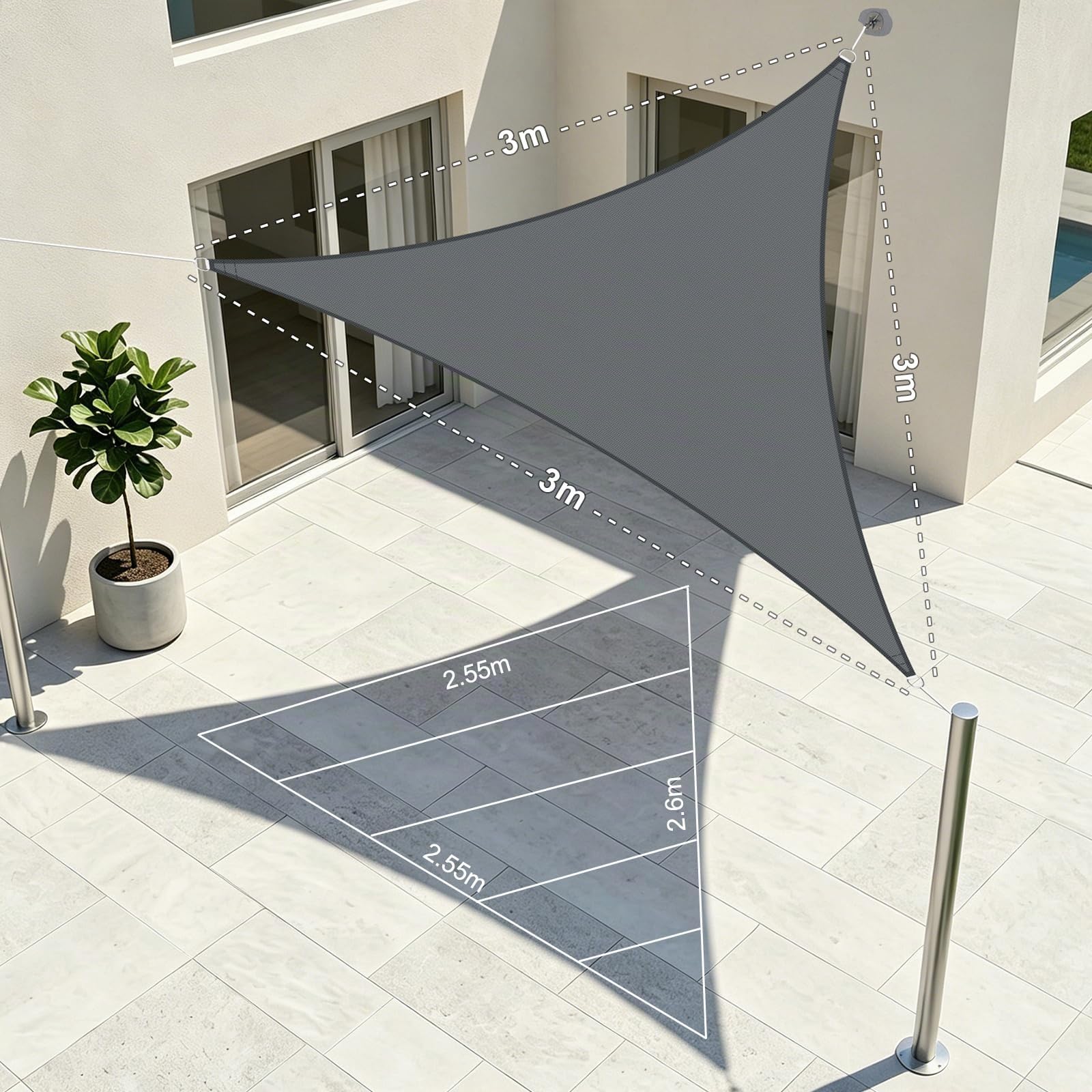 LOVE STORY Sonnensegel Dreieckig 3x3x3m Wasserdicht Segeltuch Sonnenschutz Windschutz PES mit 95% UV-Schutz für Balkon, Garten, Terrasse (Anthrazit)