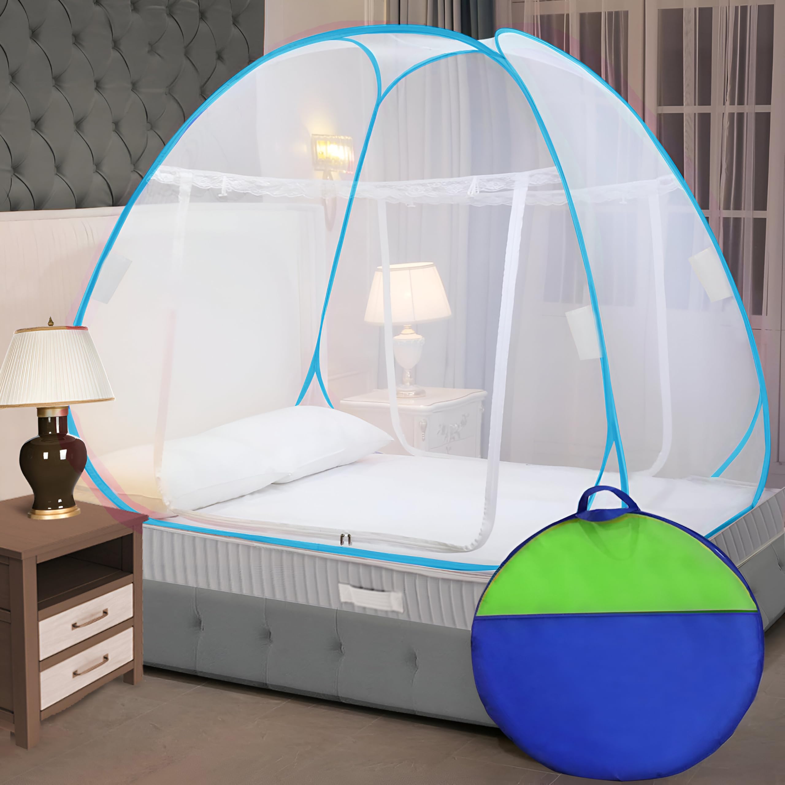 ORILEY Polyester Mosquito Net Queen Size Foldable Machardani Strong and Durable Tent with Corrosion-Resistant Wire for Double Bed Insect Protection (White with Sky Blue Strip, 6.5 x 6.5 Ft)-image-34