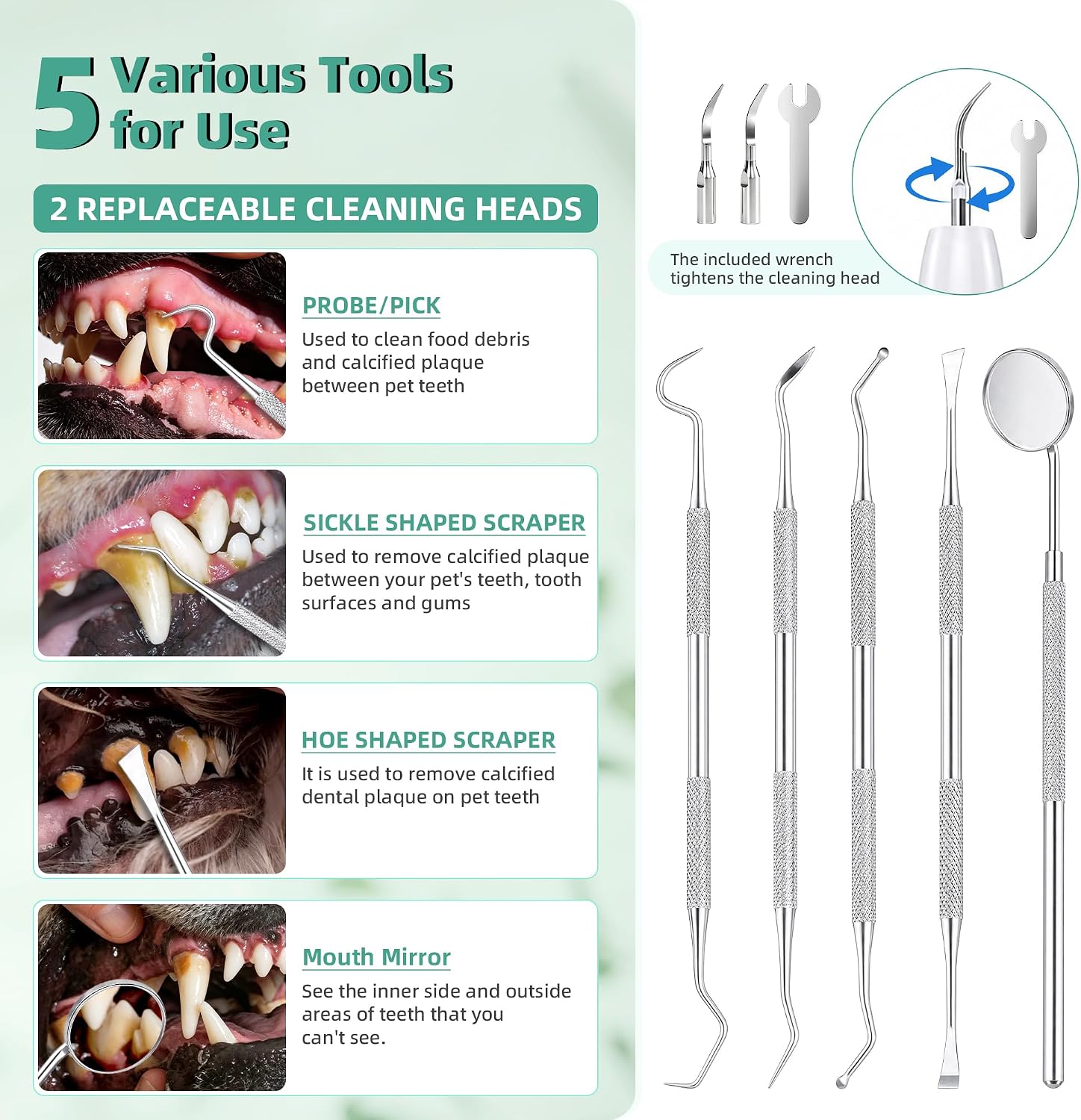 Dog Plaque Remover for Teeth, Pet Ultrasonic Tooth Cleaner Kit, 5 Adjustable Modes Dog Teeth Cleaning Kit with LED Light, Dental Tools, Tartar and Stain Remover for Dogs and Cats (White)