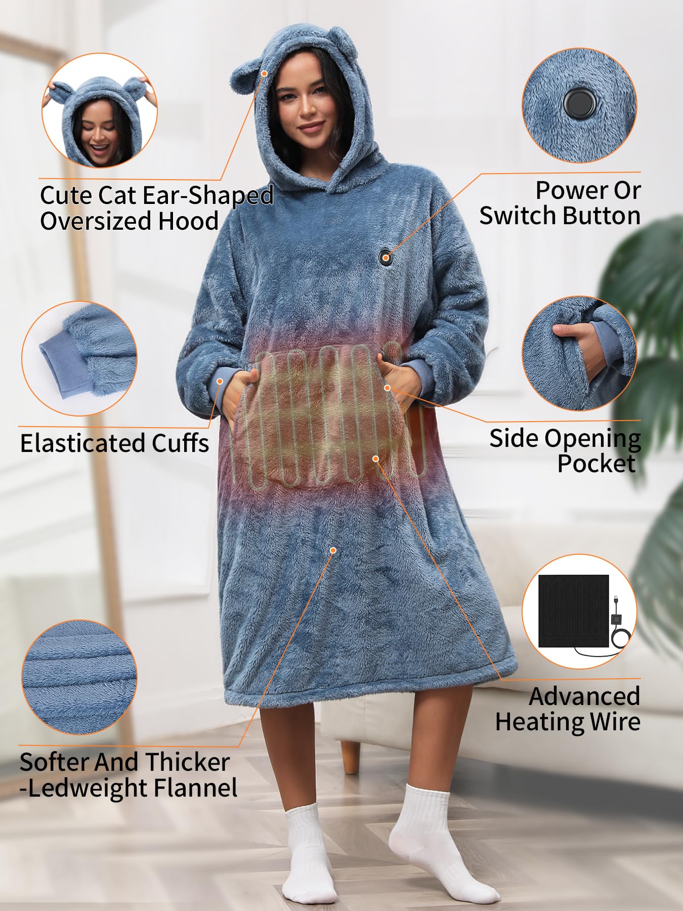 Couverture à capuche chauffante avec manches,avec batterie,10000 mAh,cadeau pour femme,couverture portable à enfiler sans fil flanelle,Sweat à Capuche Couverture,Cadeau de Noël pour petite amie 75x110