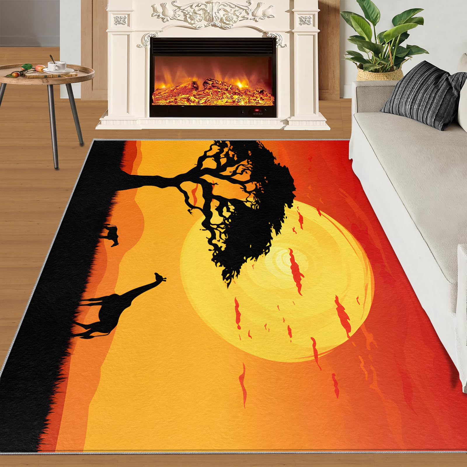 SANSJI Animal Giraffe Rugs for Living Room, Africa Savannah 180x270 Carpet, Sunrise Landscape Area Rugs Non Slip Washable Mats, Burnt Orange Indoor Rugs for Bedroom