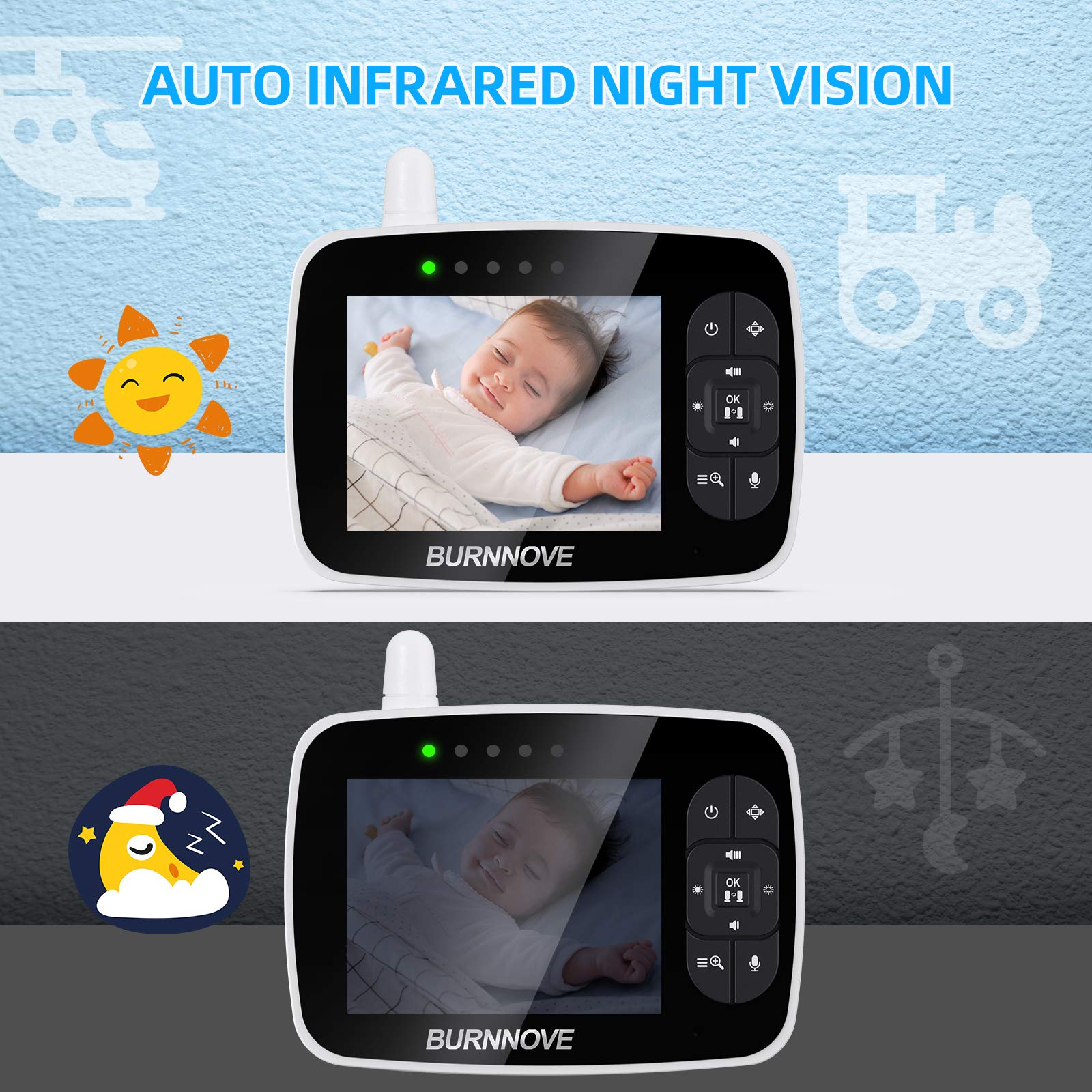 BURNNOVE Bebé Monitor, Vigilabebés con Cámara y Audio con Pantalla LCD de 3.5", 355 ° / 120 ° Giratorio, Zoom 2X, Modo Eco Visión Nocturna, Comunicación Bidireccional y Sensor de Temperatura