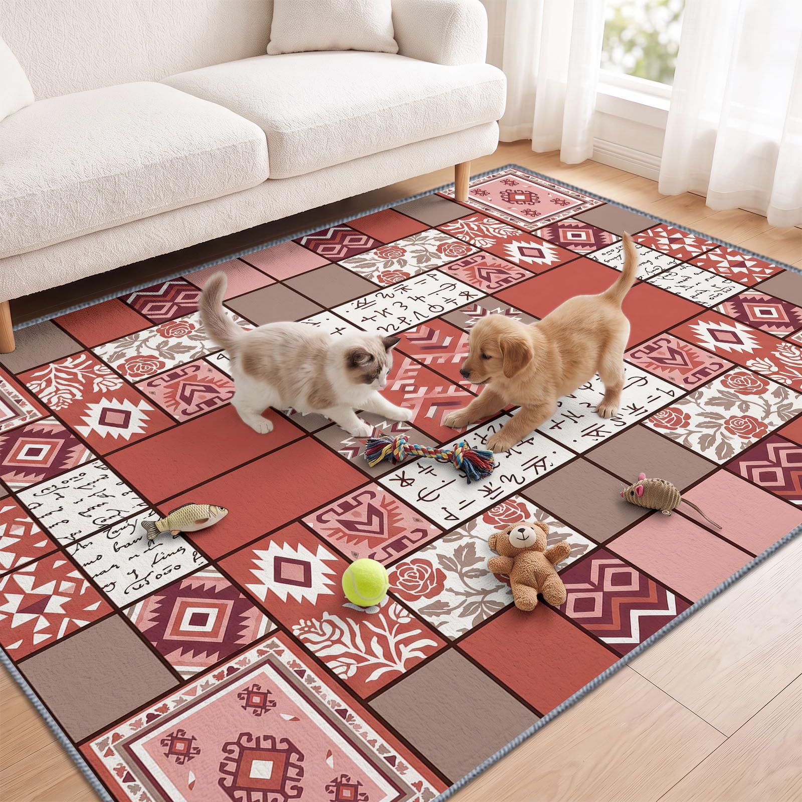 Carrés Motif Tapis Salon Antidérapant Lavable en Machine 120x170cm