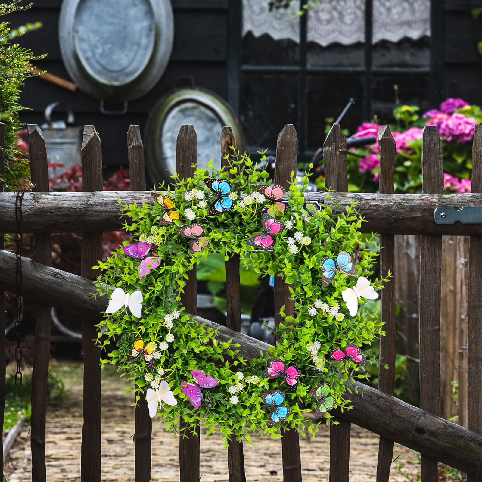 Ghirlanda Per Porta Con Eucalipto E Fiori Primaverili - Artificiale, Realistica, 38 Cm - Decorazione Per Esterno/Interno