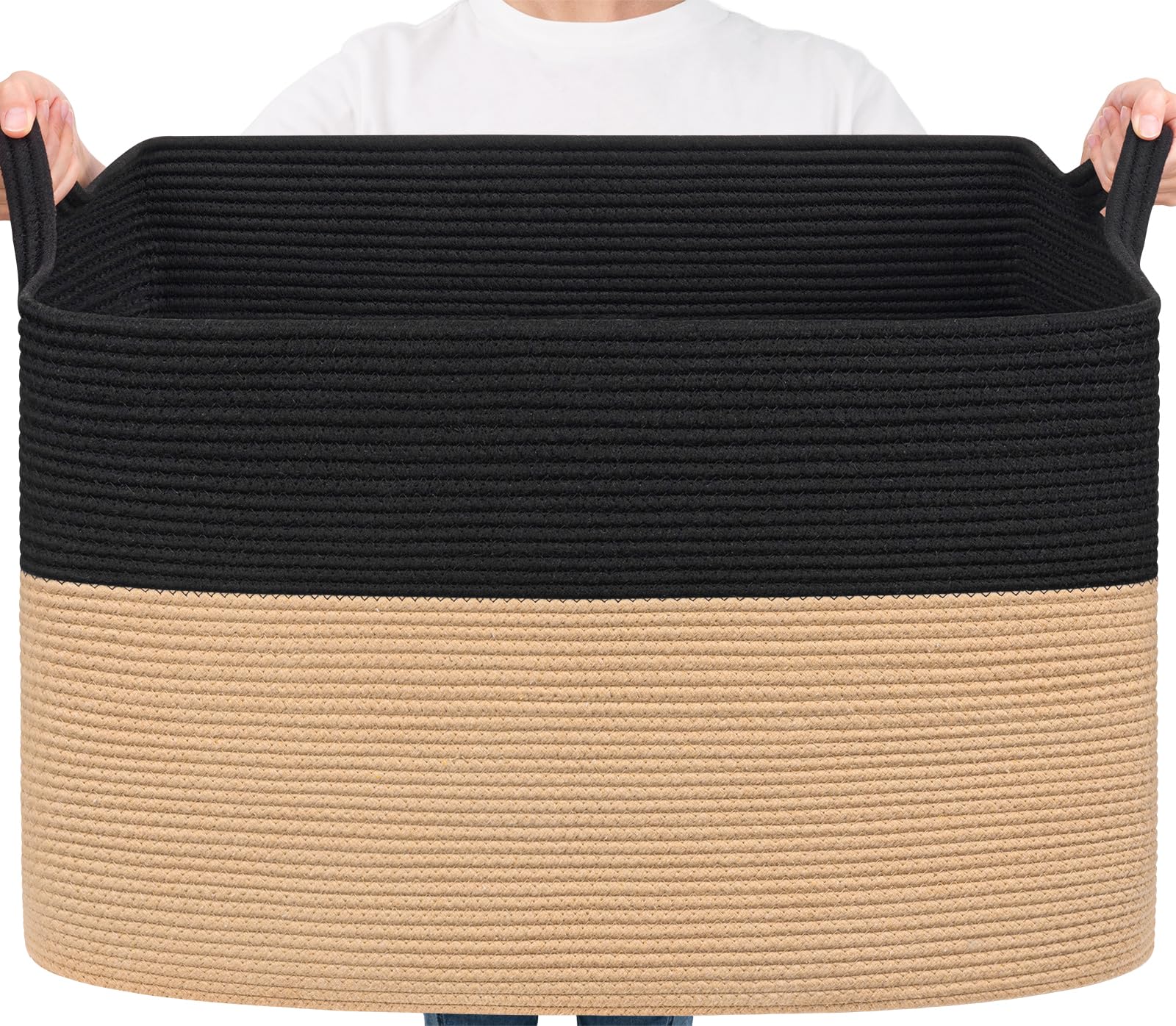 TIMEYARD 105L Extra Large Woven Blanket Basket Cotton Rope Storage Baskets for Organizing, Kids Toy Storage Organizer for Living Room Nursery, 63.50 x 40.5 x 40.5 cm, Black & Jute