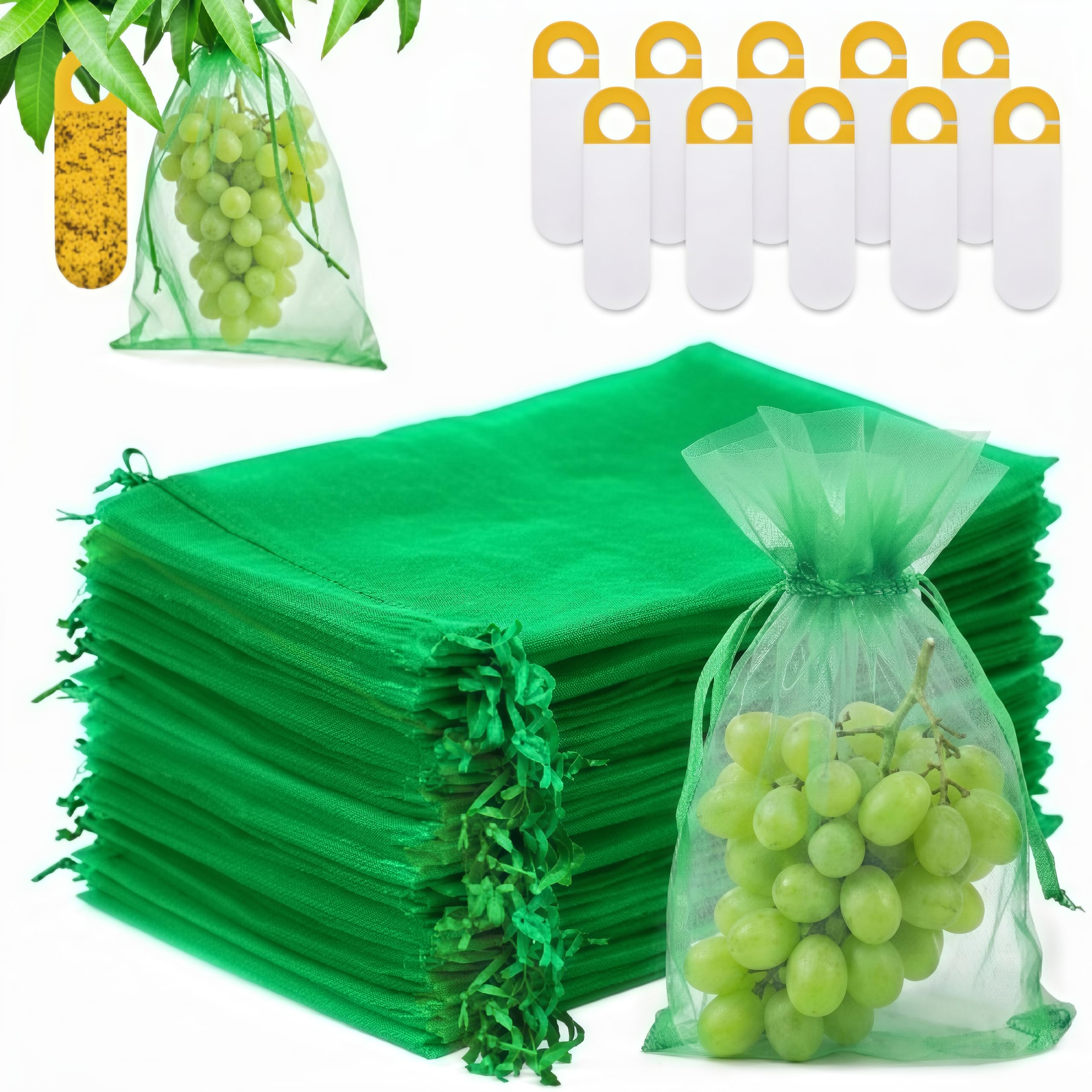 100 Pezzi Sacchetti di Protezione 30x40 cm per Uva, Sacchetti Organza con Coulisse, con 10 Trappole Adesive per Insetti da Giardino, per Protezione Frutta Proteggere da Vespe, Uccelli e Moscerini.