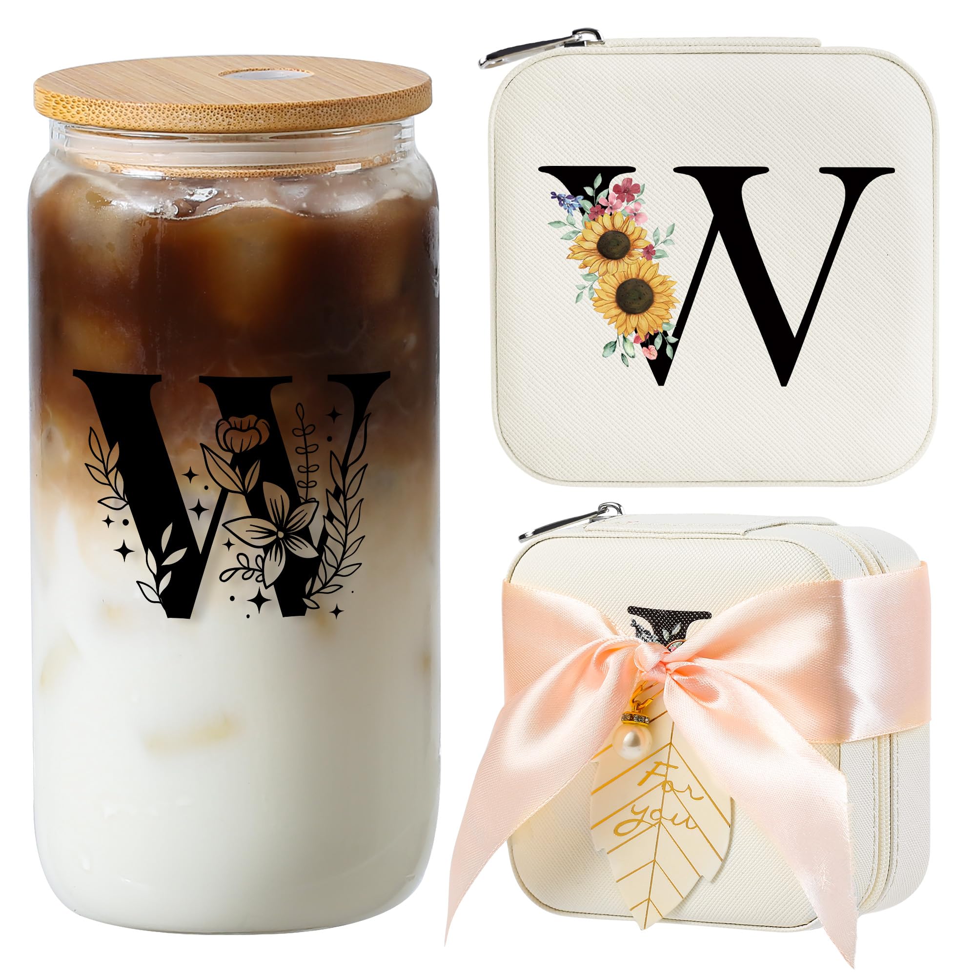 AYGXU Initial Glass Cup,Personalized Birthday Gifts for Women,16oz Glass Tumbler Cups,Graduation Gifts for Her,Small Jewelry Organizer Box,Birthday Gifts for Women,Initial W white