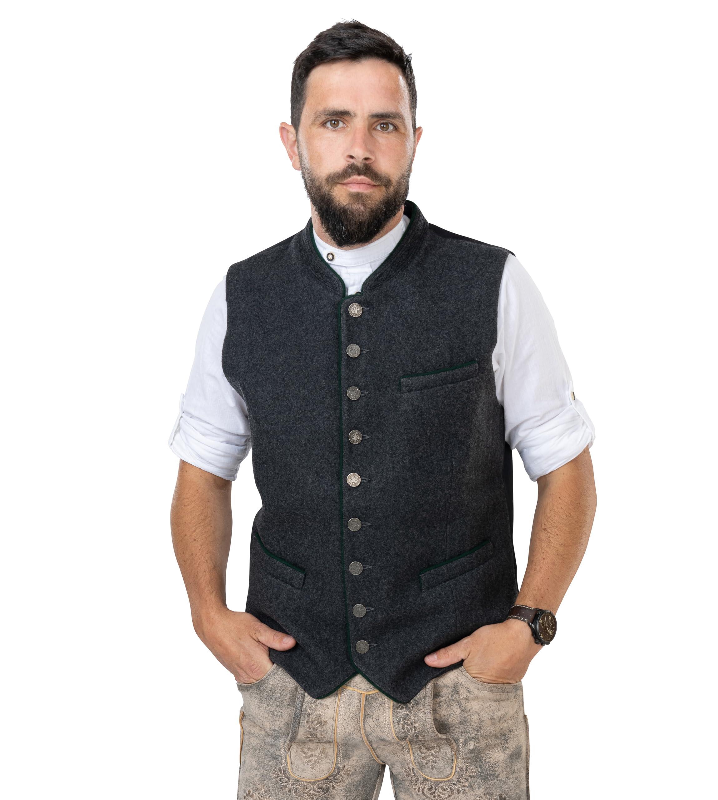 Gilet da uomo in lana – Gilet Lod, grigio per Oktoberfest | Gilet in lana per pantaloni in pelle – Trachten-Gilet Benedetto
