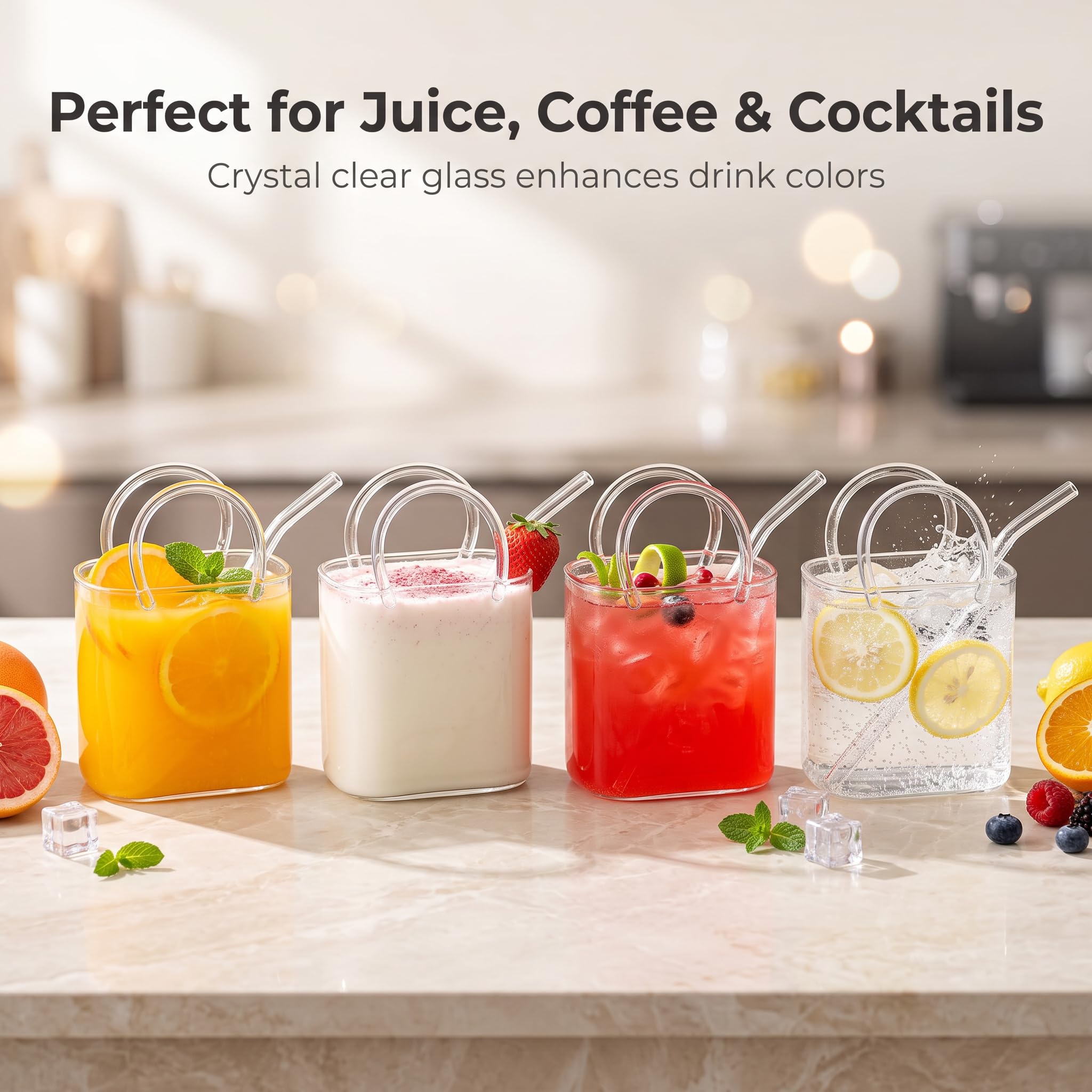 Verre Sac à Main avec Paille, 770ml Verre Cocktail Forme de Sac à Main, Grand Verre Transparent pour Jus, Thé, Café, Smoothie et Composition Florale pour Maison, Bureau et Fête