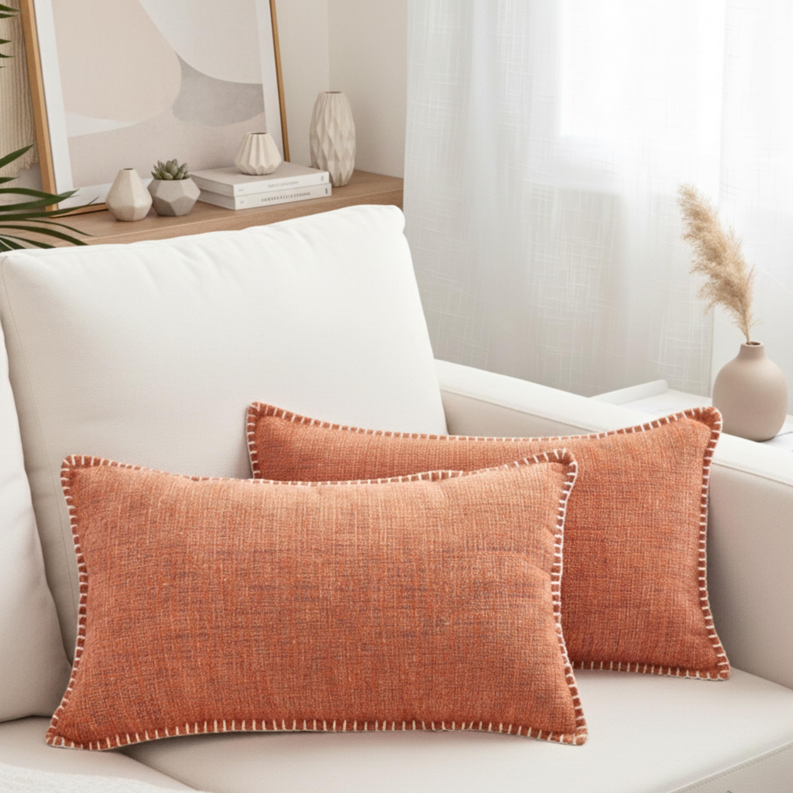 Lumbar Pillow Covers with Stitched Edge 12x20 inch Orange Set of 2 Soft Textured Chenille Oblong Rectangular Cushion Covers Modern Decorative