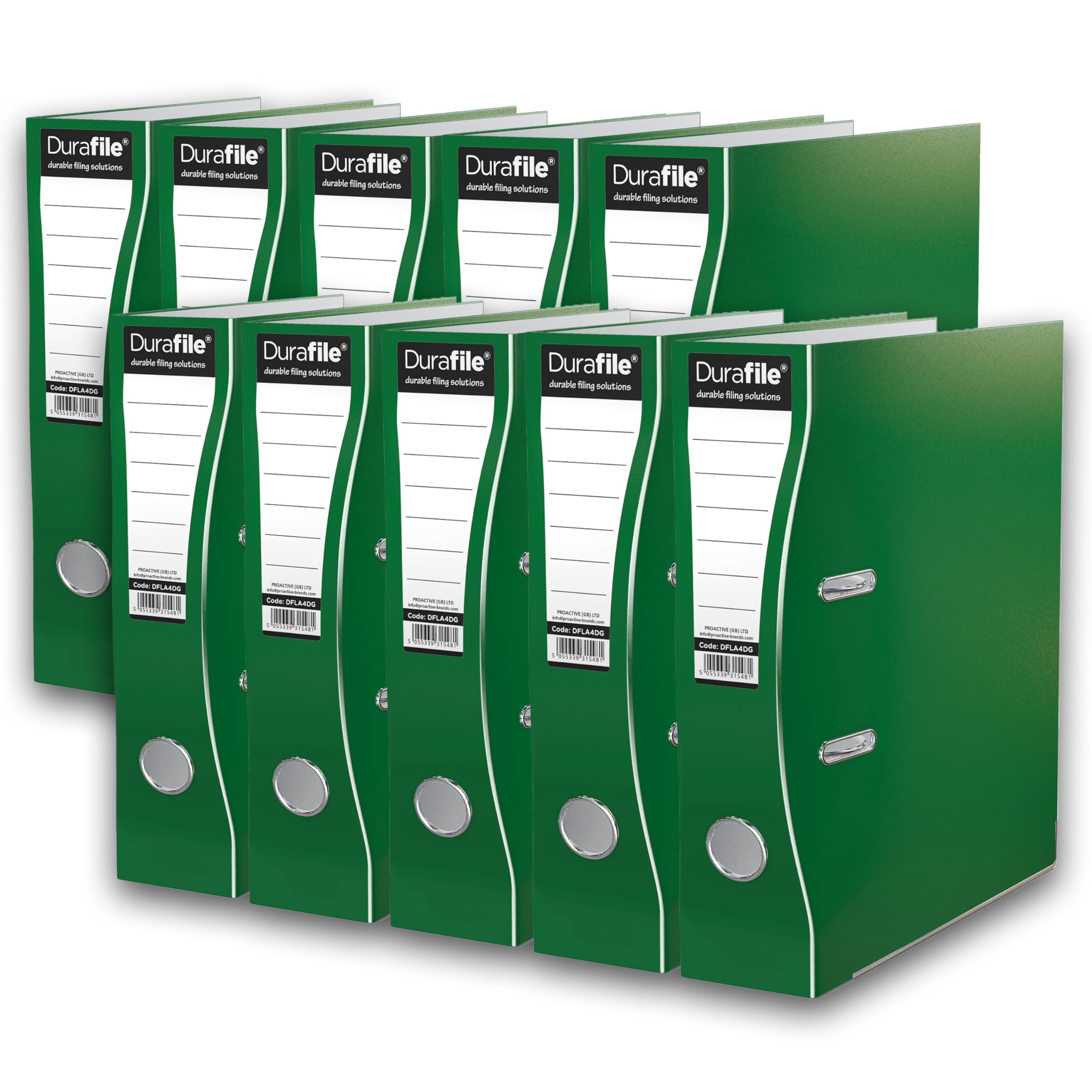 Durafile Lever Arch Files, Dark Green, Pack of 10 Folders, Heavy Duty Board Construction Suitable for A4 Size Documents, Ideal for School, Home and The Office