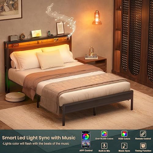 Miniatura 5 de Homieasy Marco de cama negro tamaño matrimonial con cabecero, marcos de cama de metal con estación de carga y luces LED, marco de cama de plataforma