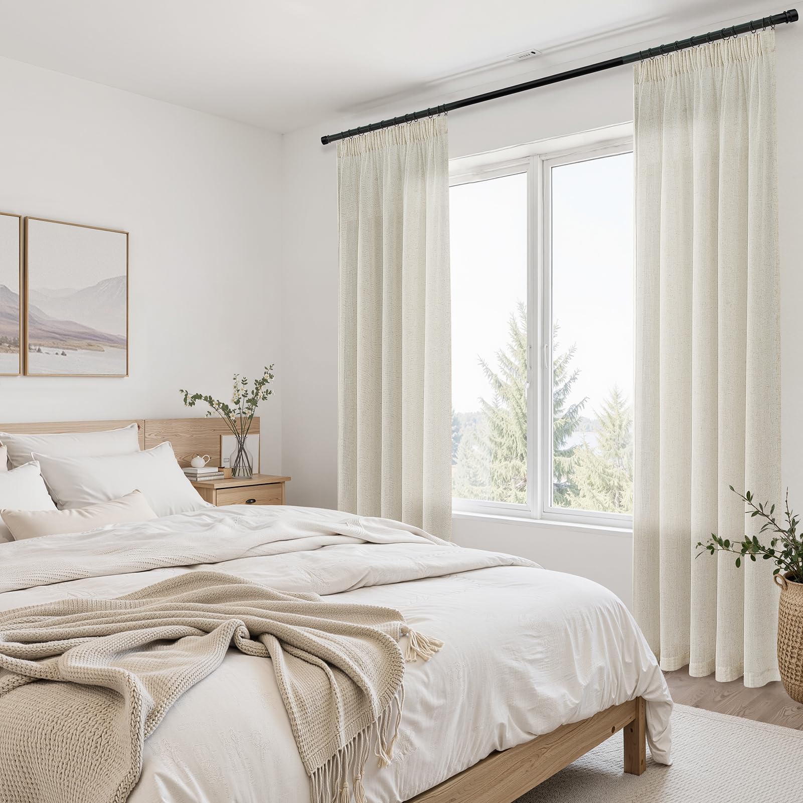 Topfinel 1 Pièce 300x240cm(LxH) Rideaux en Lin Bohèmes Rideau de Salon Rideaux Semi-Transparents avec Ruban À Volants Rideau Beige Naturel pour Système De Rail