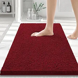 Smiry Luxury Chenille Bathroom Rugs 30x20, Extra Soft and Absorbent Shaggy Bath Mat, Machine Washable, Non-Slip Plush Carpet Runner for Tub, Shower, and Floor, Home Decor Accessories, Red