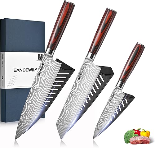 SANDEWILY Juego de cuchillos de chef japoneses y fundas de acero inoxidable de alto carbono, cuchillos ultra afilados de 8 pulgadas, cuchillo de