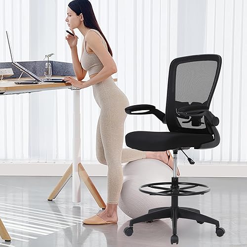 Miniatura 2 de PayLessHere Silla ergonómica de dibujo, silla de oficina alta ajustable con soporte lumbar, respaldo de malla, brazos abatibles para oficina,