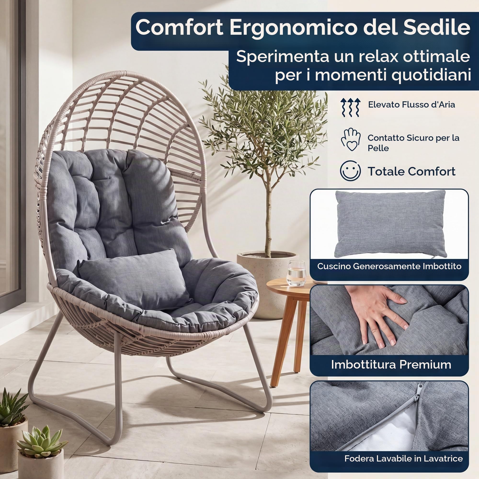 LIFEZEAL Poltrona da Esterno in Rattan PE, Poltrona a Forma di Uovo con Cuscino Rimovibile e Piedini Regolabili, Design Ergonomico, Sedia per Interno, Giardino, Balcone, 98 x 88,5 x 137,5 cm