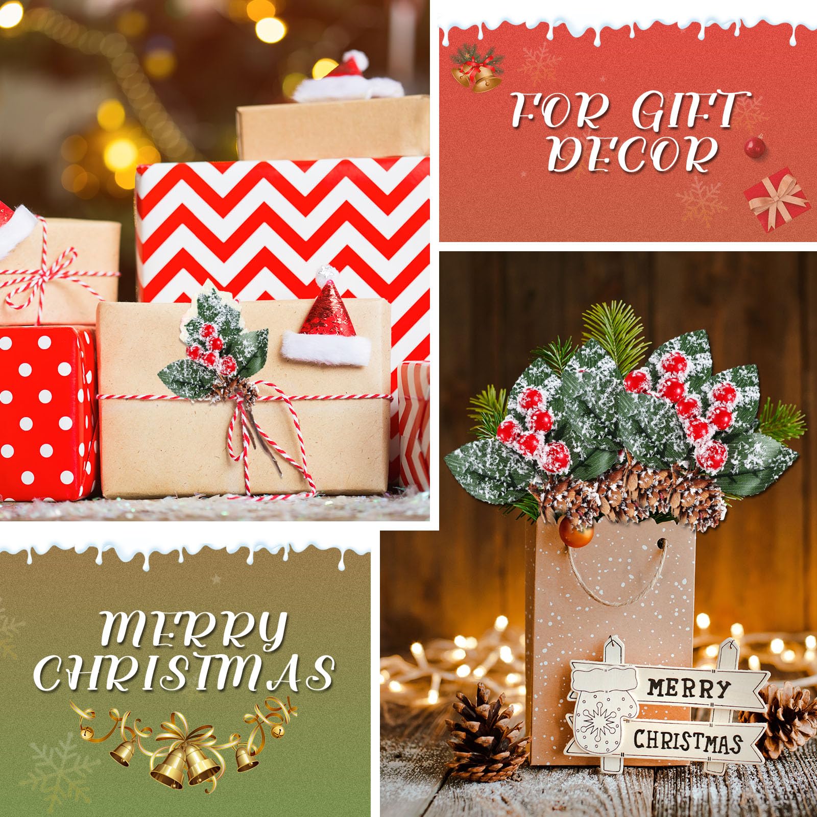 Yunlly Künstliche grüne Tannennadeln, Weihnachtsblumen, künstliche Stechpalme, rote Beeren, Zweigstiel, Tanne, schneebedeckte Zweige Girlande, Großpackung für Baum, Handwerk, Urlaub, Winter