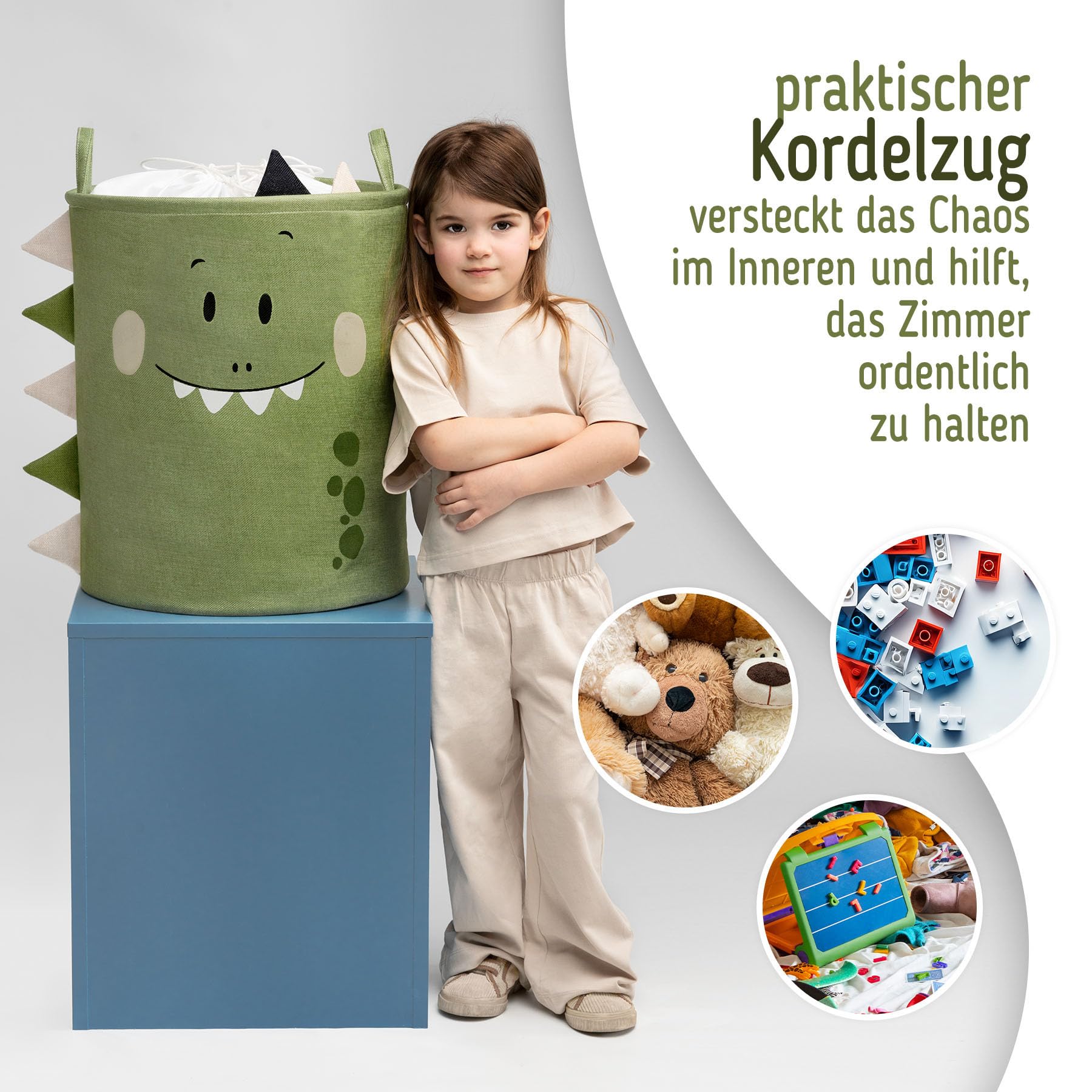 SIPO Spielzeugkorb Premium XXL 63L Dino, Faltbarer Spielzeug-Organizer mit Kordelzug, wasserdicht, Tragegriffe, skandinavisches Design