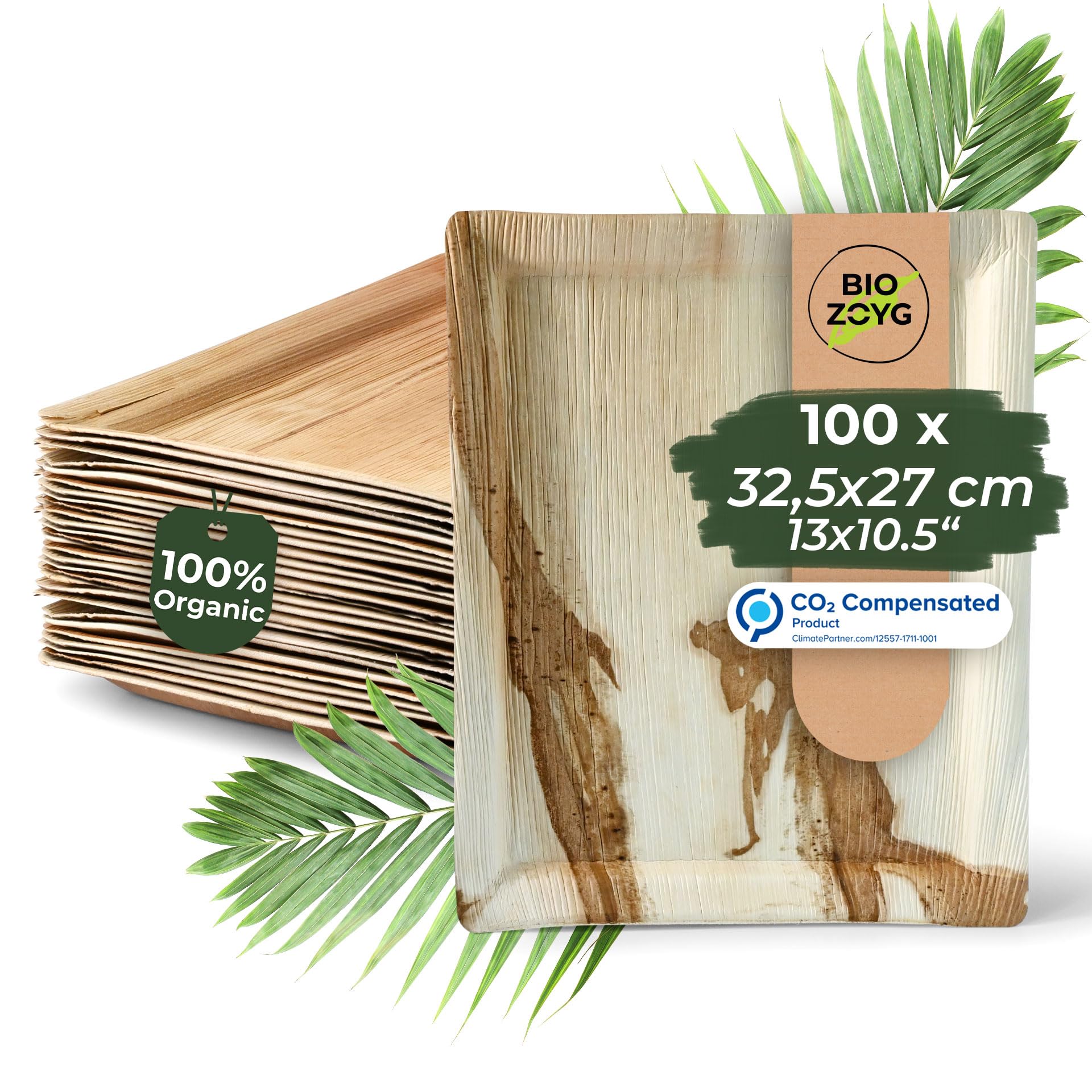 BIOZOYG Servierplatte 100 Stück 32,5 x 27 cm rechteckig - Palmblatt Teller Serviertablett Kuchenplatte kompostierbar Tablett - Snackteller, Alternative zu Schiefertafeln