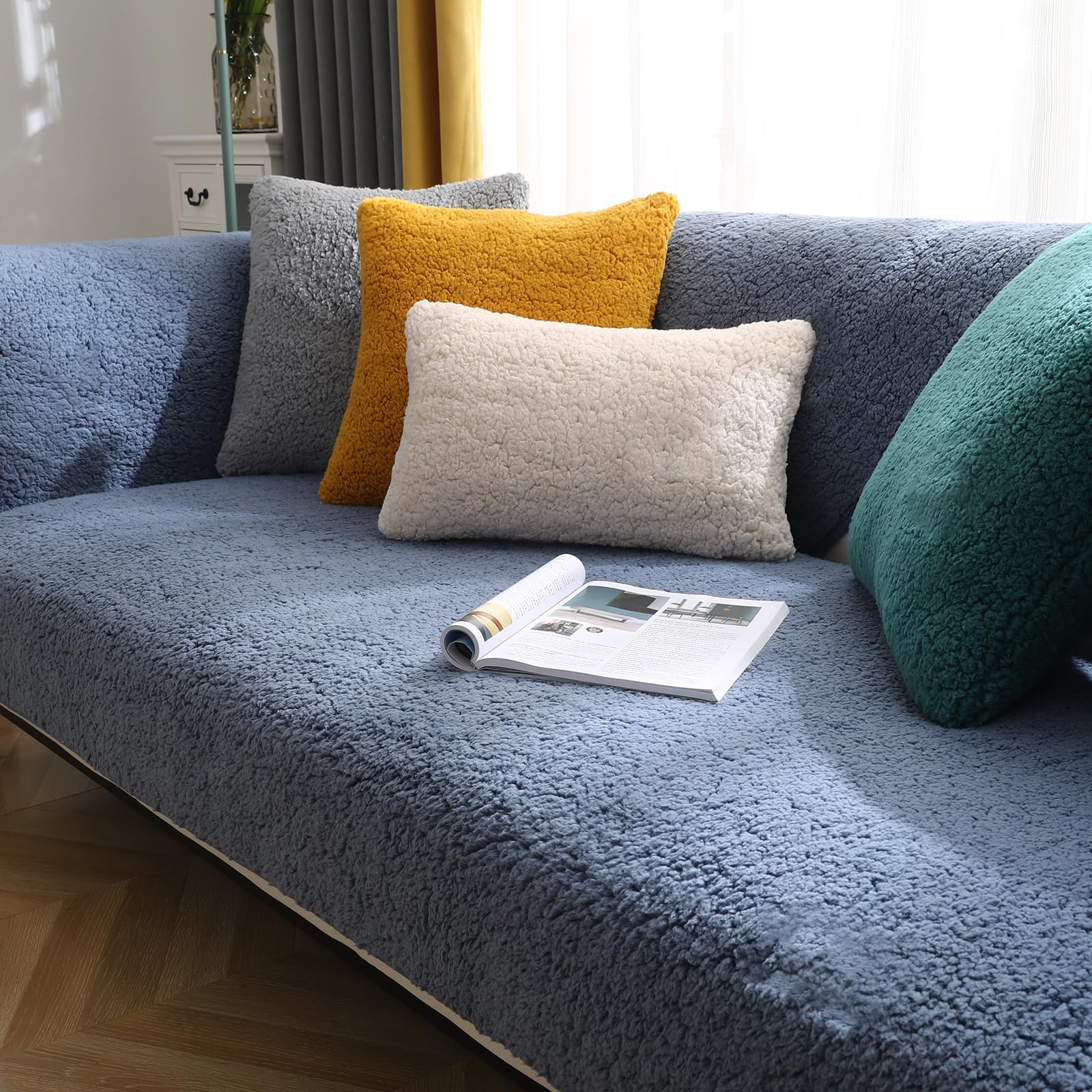 SHANNA Thick Lamb Faux Sofa Cover 1 2 3 4 Seater, New Universal Non-Slip Corner Sofa Cover L Shape Super Soft Dust-Proof Sofa Slipcovers for Living Room(Blue, 70 * 210cm Seat Cover)