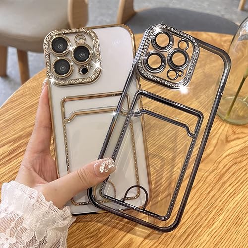 Miniatura 3 de MZELQ Funda tipo cartera chapada para iPhone 14 Pro, tarjetero con diamantes con purpurina brillante, protección para cámara, funda de lujo + 2