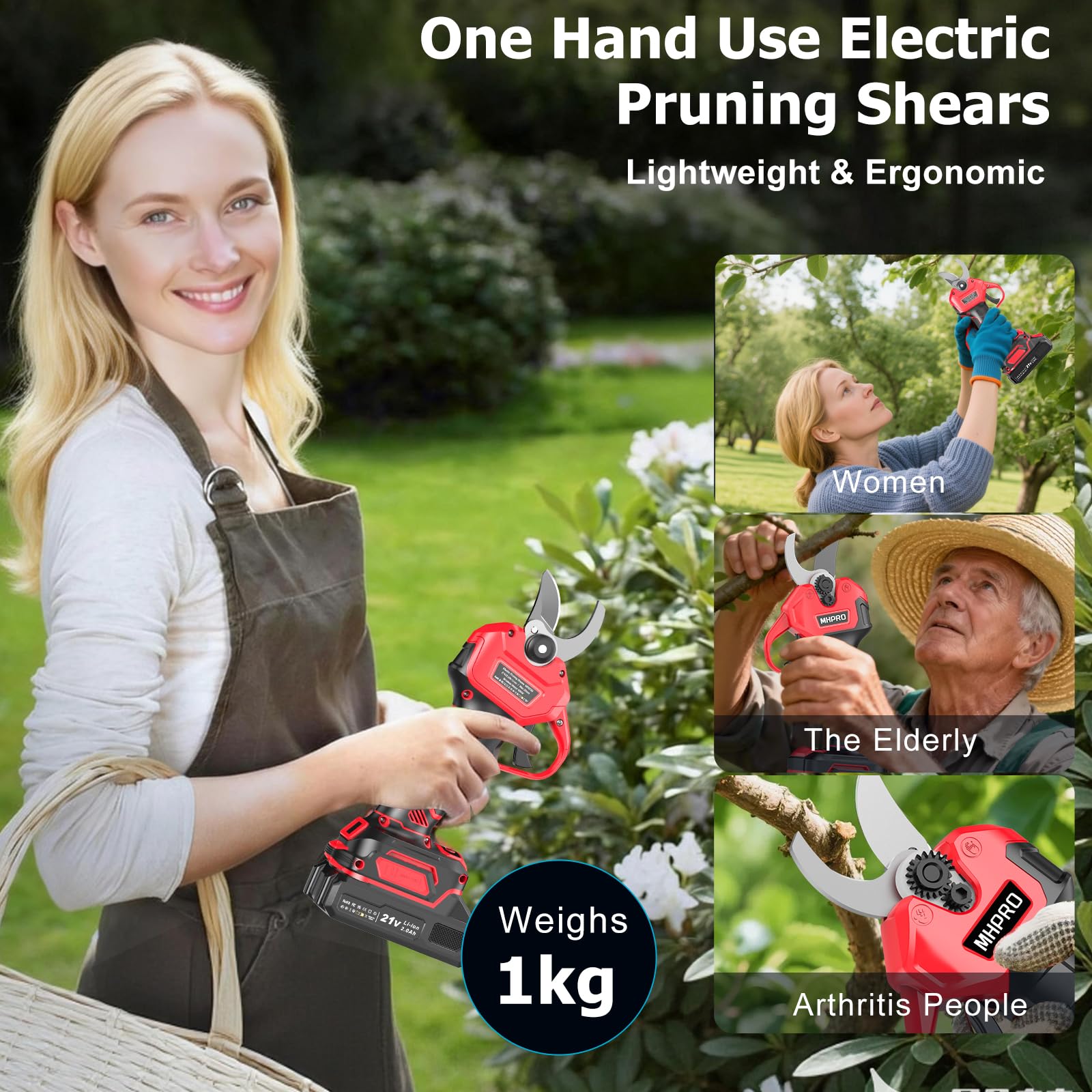 Akku Astschere, MHPRO 30MM Elektrische Gartenschere mit 2 Akkus 2000mAh, 600W Bürstenloser Motor Bypass Baumschere, Garten Schere mit LCD-Elektrische Baumschere-für Garten Äste Obstgärten, Rot