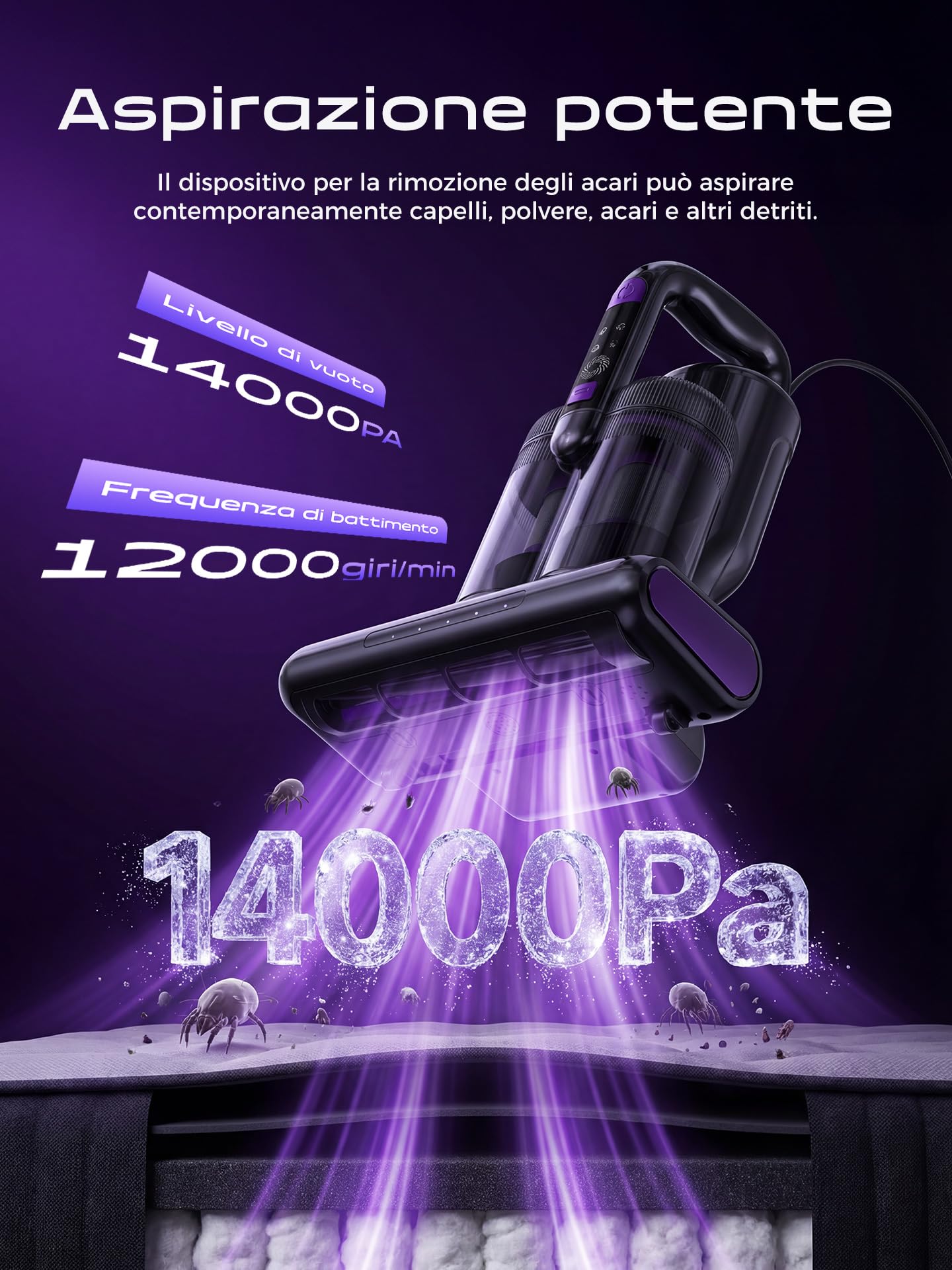 Battimaterasso Antiacaro, Aspirapolvere per Acari con Luce UV, 14000Pa Potente Aspirazione,Filtro HEPA,Aria Calda,Doppio Contenitore della polvere, per Materasso, Divano, Tappeti e Peluche–Cavo 4M