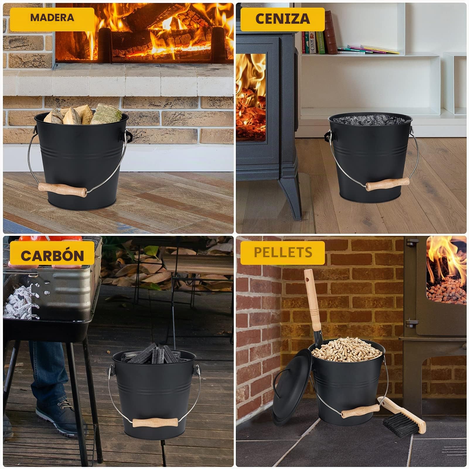 Cubo de cenizas de metal de 1.5 galones con tapa, pala, escoba, para chimeneas, estufas de leña